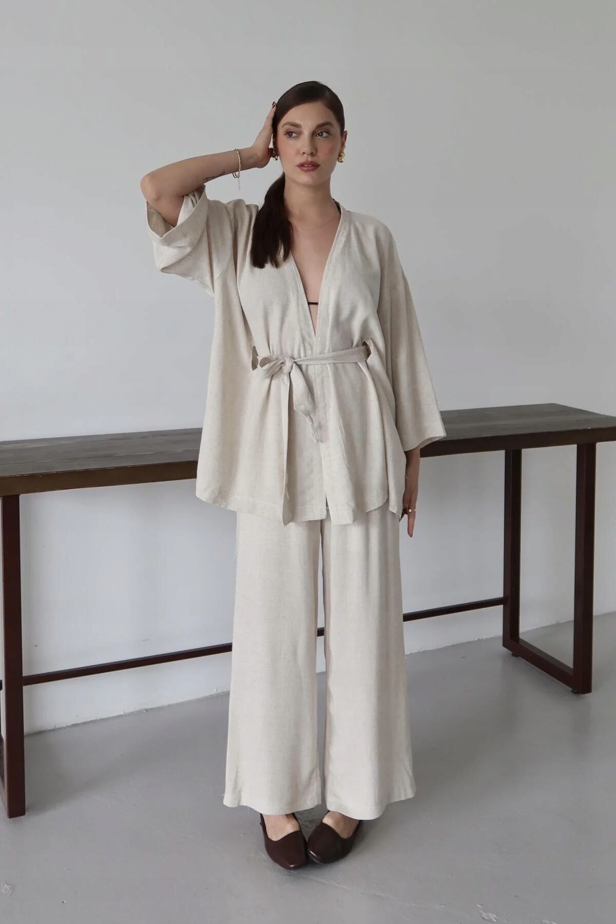 Dámský Komplet Len Viskóza Béžová Volná Kimono Kalhoty 5HA*