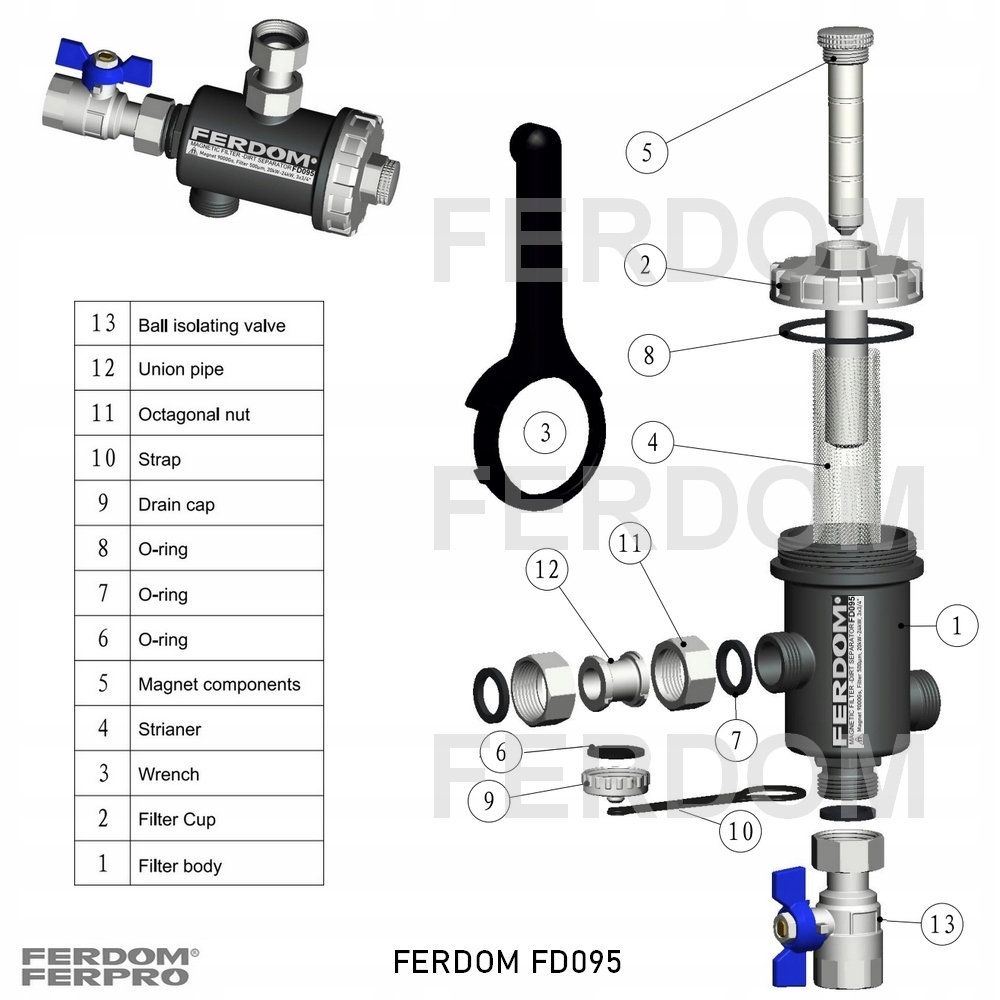 FERDOM FD095 Filtr Magnetyczny Separator z Osadnikem Max 28kW, 3/4", 9000Gs Model FD390