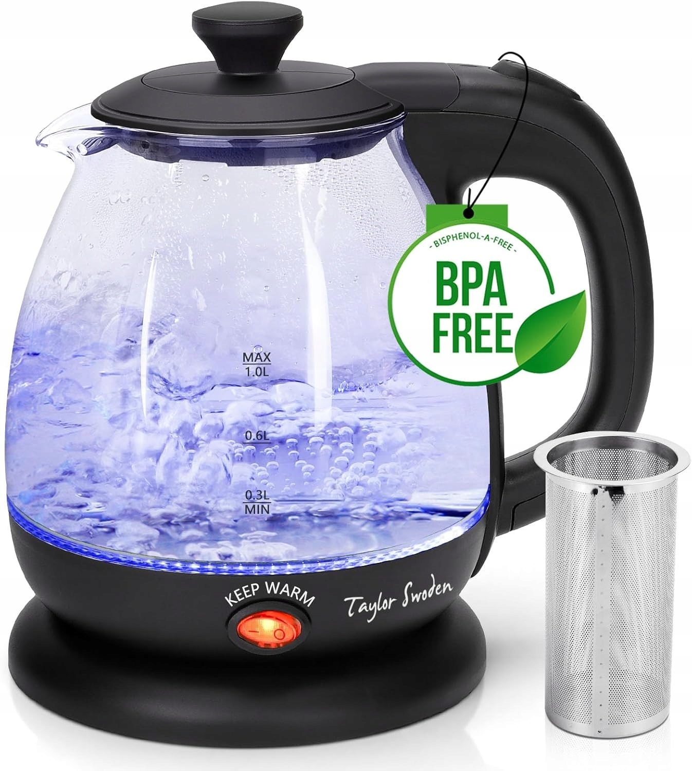 Skleněná elektrická konvice s kovovým sítkem a funkcí udržování tepla