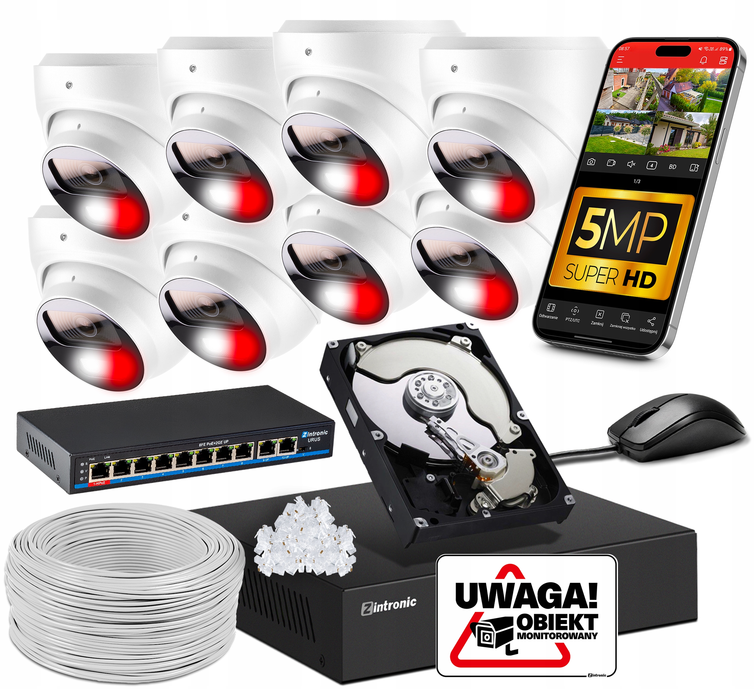 Sada Ip PoE Monitorování 8 Kamer 5MPx Bílé Audio Detekce 1TB Switch