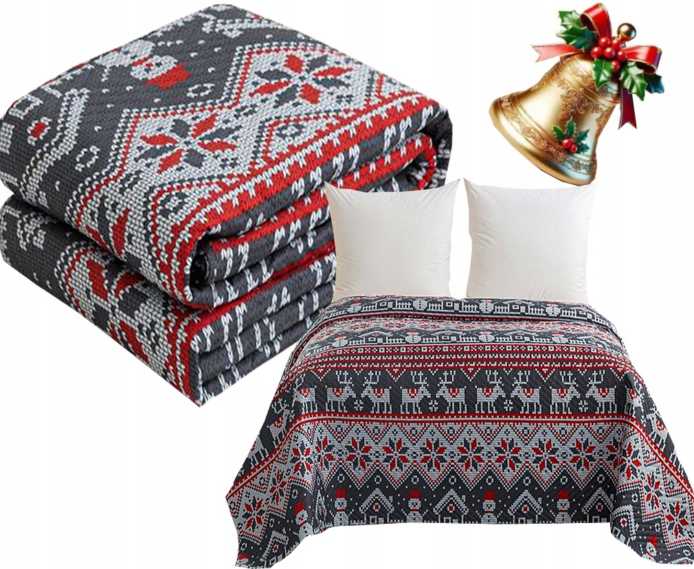 Vánoční přehoz na postel 220 x 200 cm, prošívaný, vánoční vzor