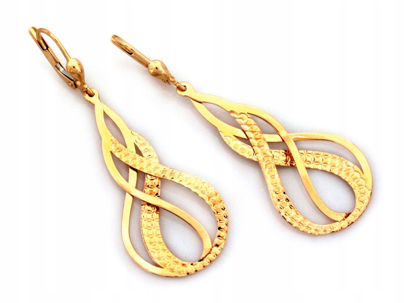 Zlaté náušnice pro ženu 585, závěsné, pevné, proplétané na Valentýna