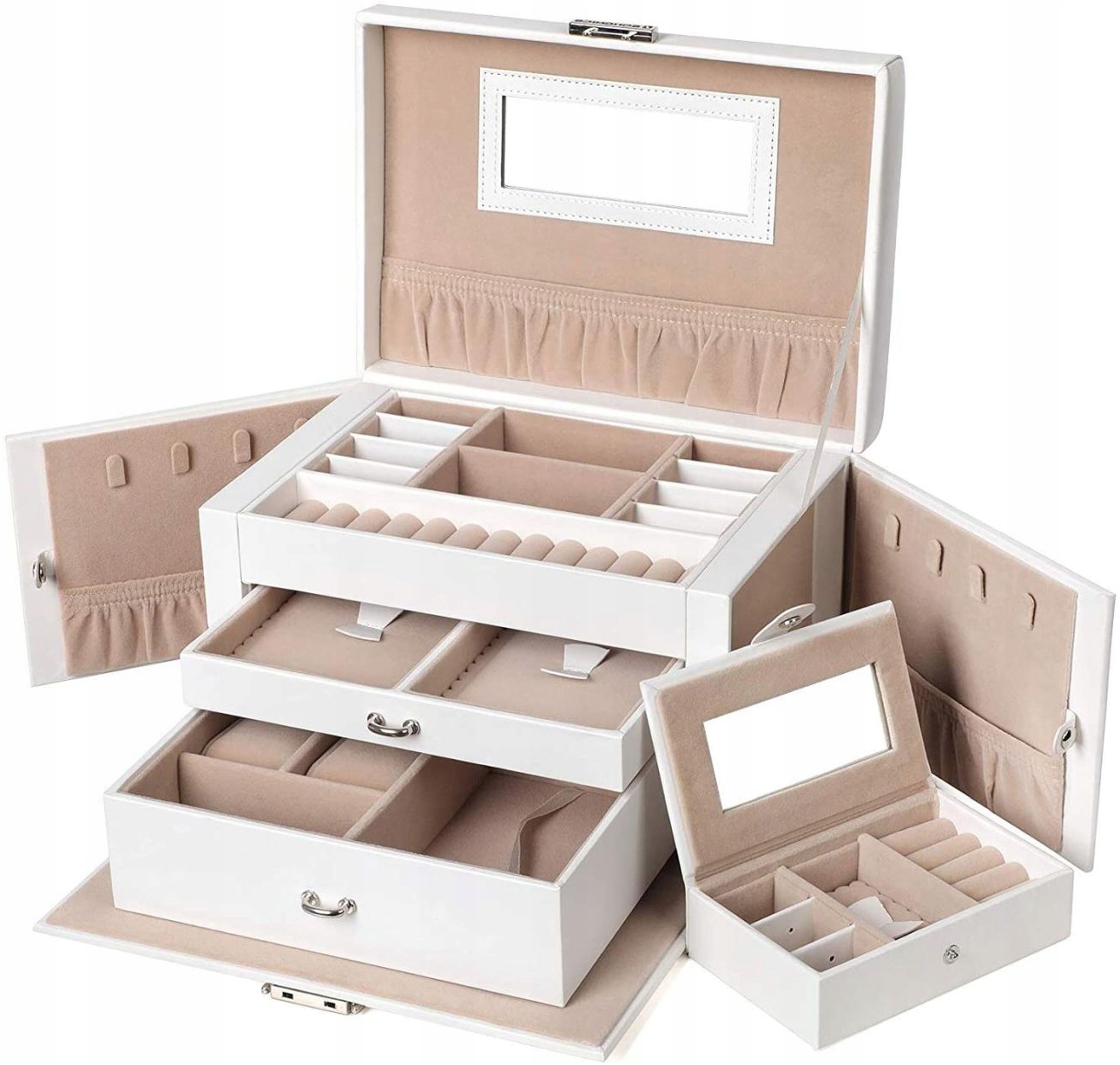Šperkovnice na bižuterii se zásuvkami, bílá kufřík