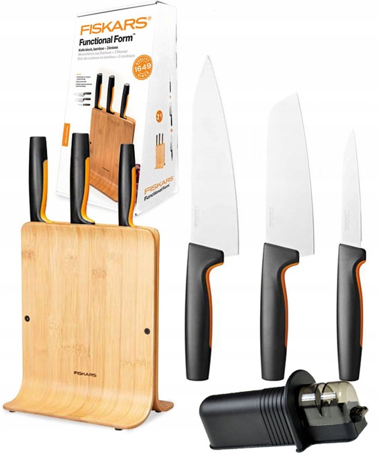 

Zestaw 3 noży w bloku bambus Fiskars ostrzałka