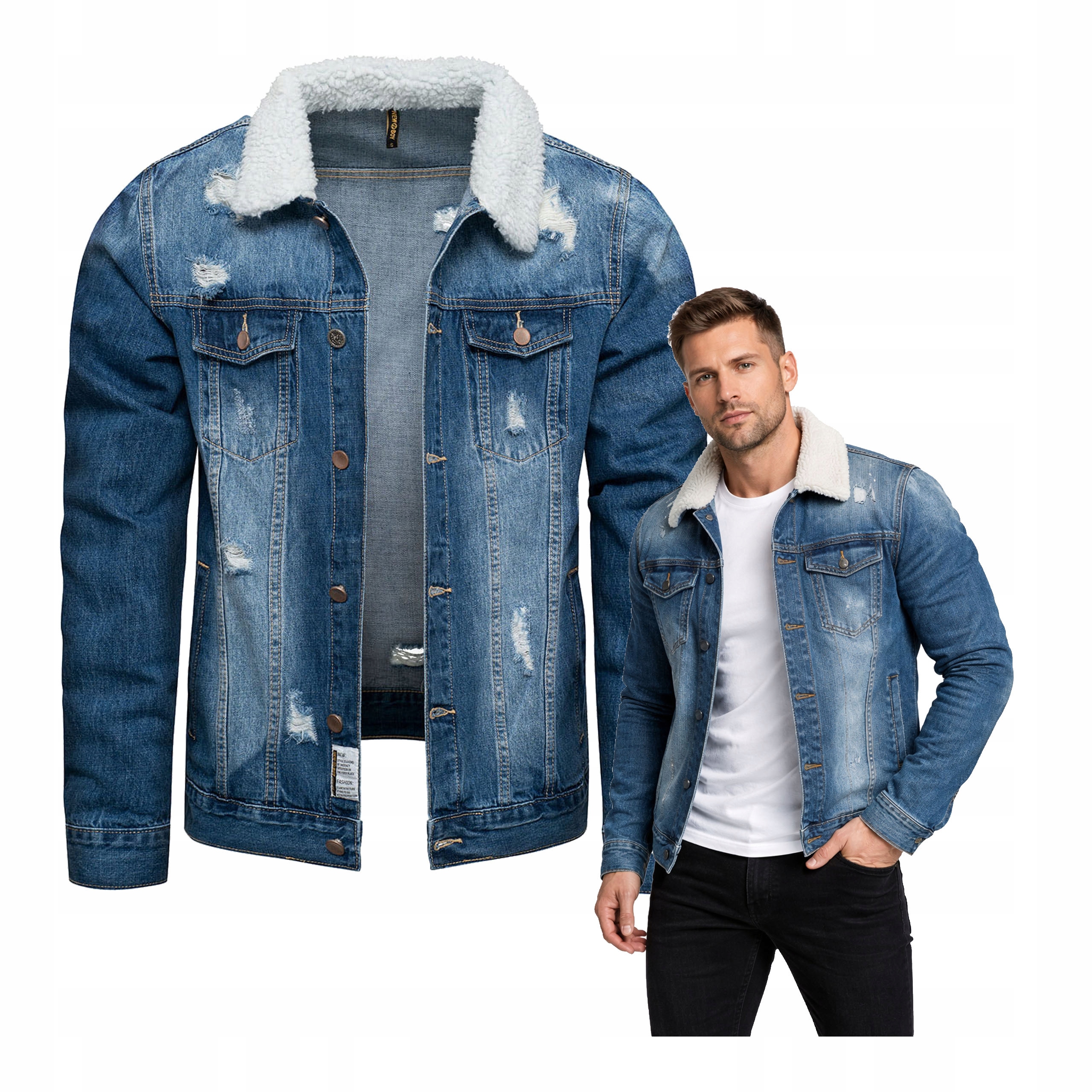 Kurtka wiosenna męska jeansowa bluza z kołnierzem z misiem L