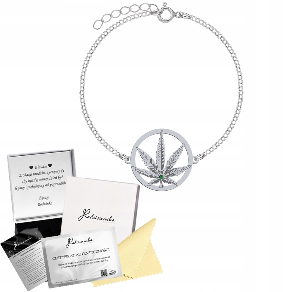 Stříbrný náramek Marihuana Konopný list Stříbro 925 Dárek Gravírování Bonus