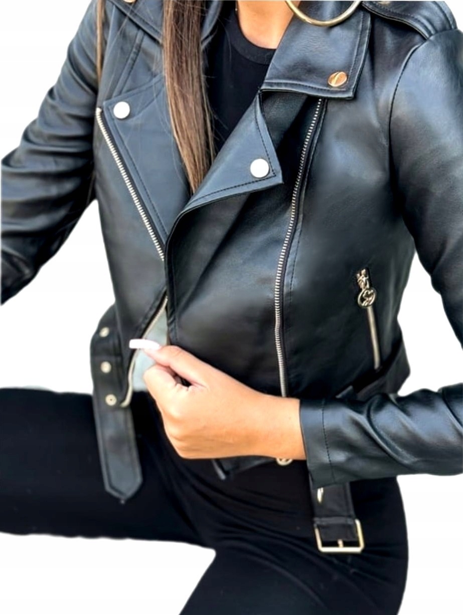 Kurtka Ramoneska Softy z Paskiem__ Czarna_Skórzana Złote Dodatki_38/M