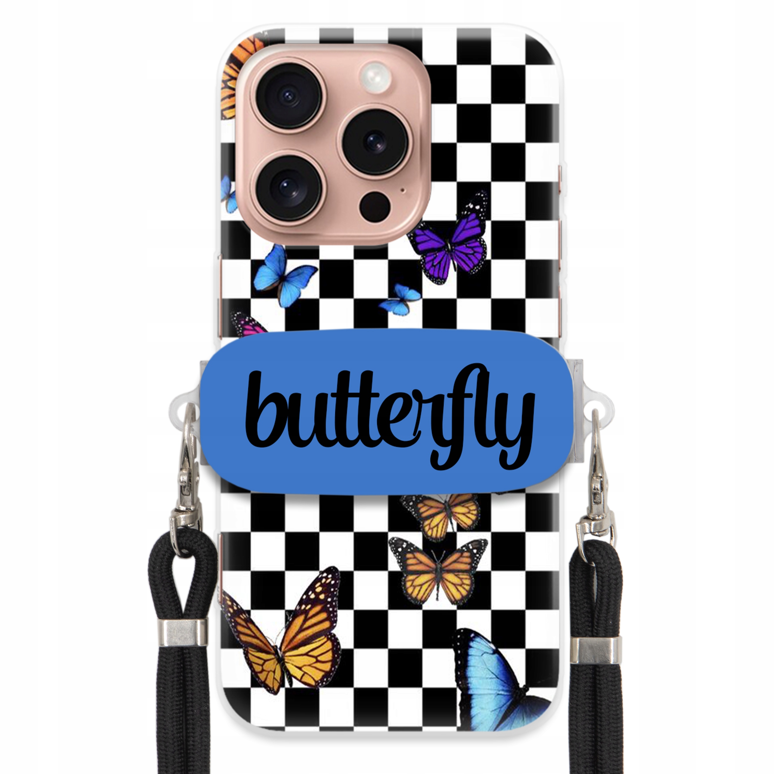 Puzdro Pre iPHONE 16 Pro Case Držiak Obdĺžnikový Čierny Vodítko Butterfly Motýle