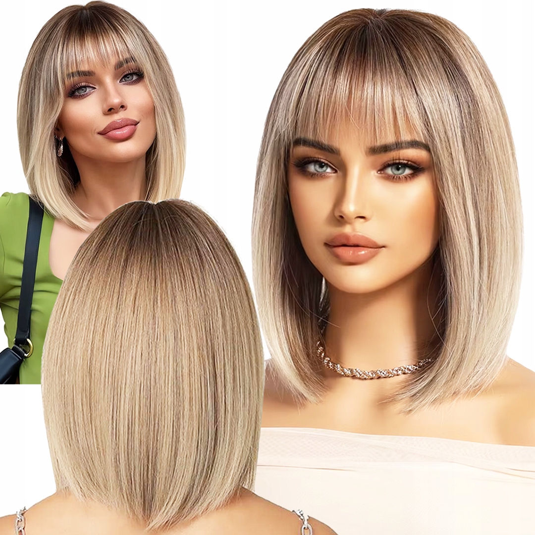 Dámská Paruka Bob Blond Ombre Rovné Vlasy Se Syntetickou Ofinou 35 cm Wig