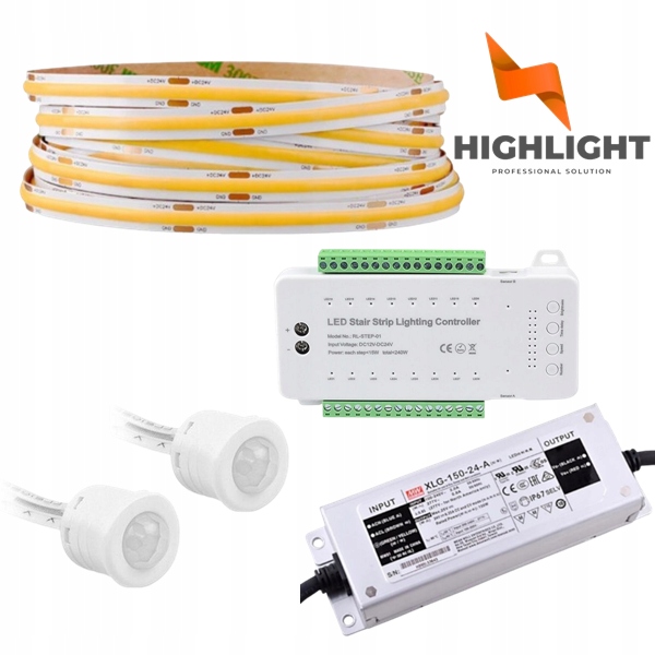 15 m Schodový set Kaskádový Led pásik MoNo Cob 8W 24V snímače pohybu 16we