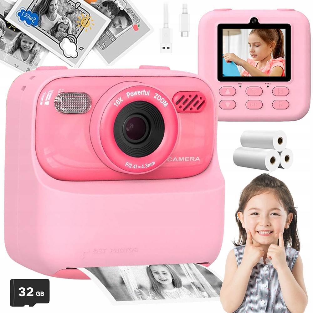 Fotoaparát Instant Printer 1080P Digitální Selfie 32G Pink 1200MAH