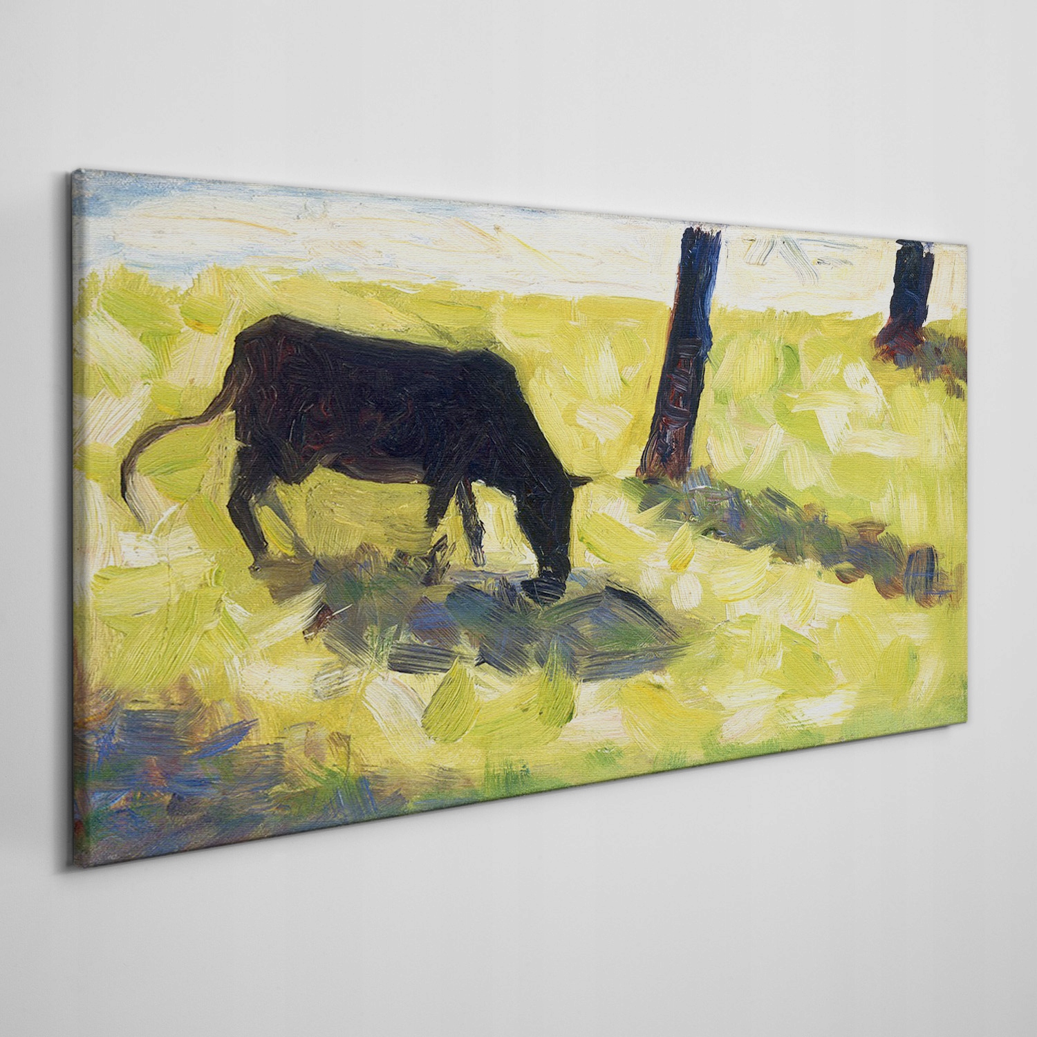 

Obraz płótno Czarna krowa na łące Seurat 140x70 cm