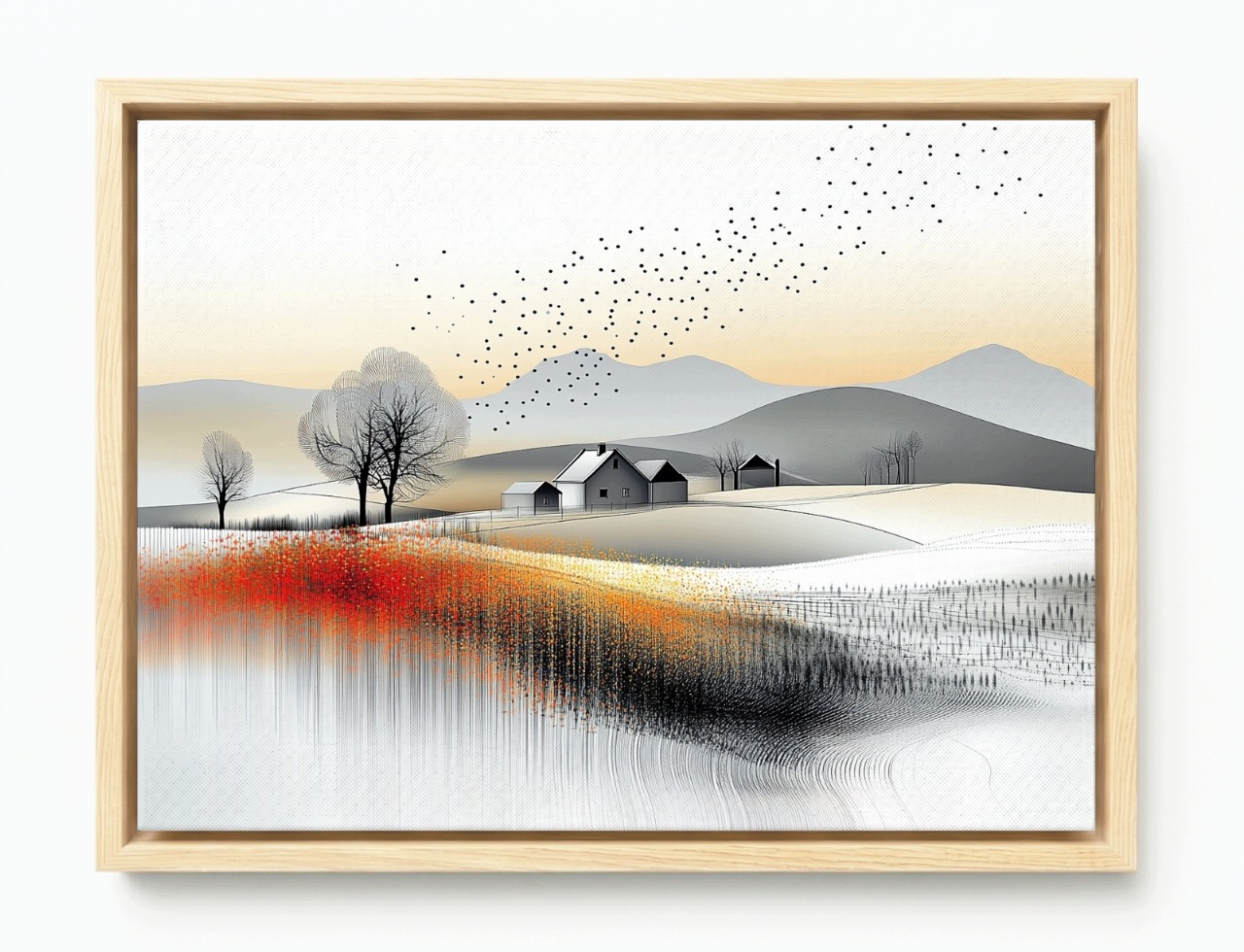 Obraz Rám Americký Box Krajina Hory Pahorky Obec Pole Květiny Ptáci 80x60
