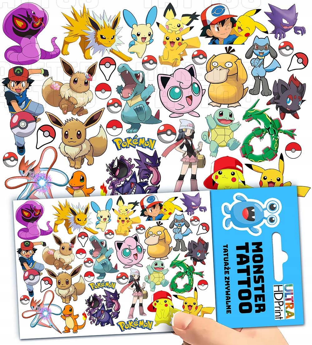 TATUAŻE ZMYWALNE TYMCZASOWE DLA DZIECI DZIECIĘCE POKEMON WZORY ORYGINALNE