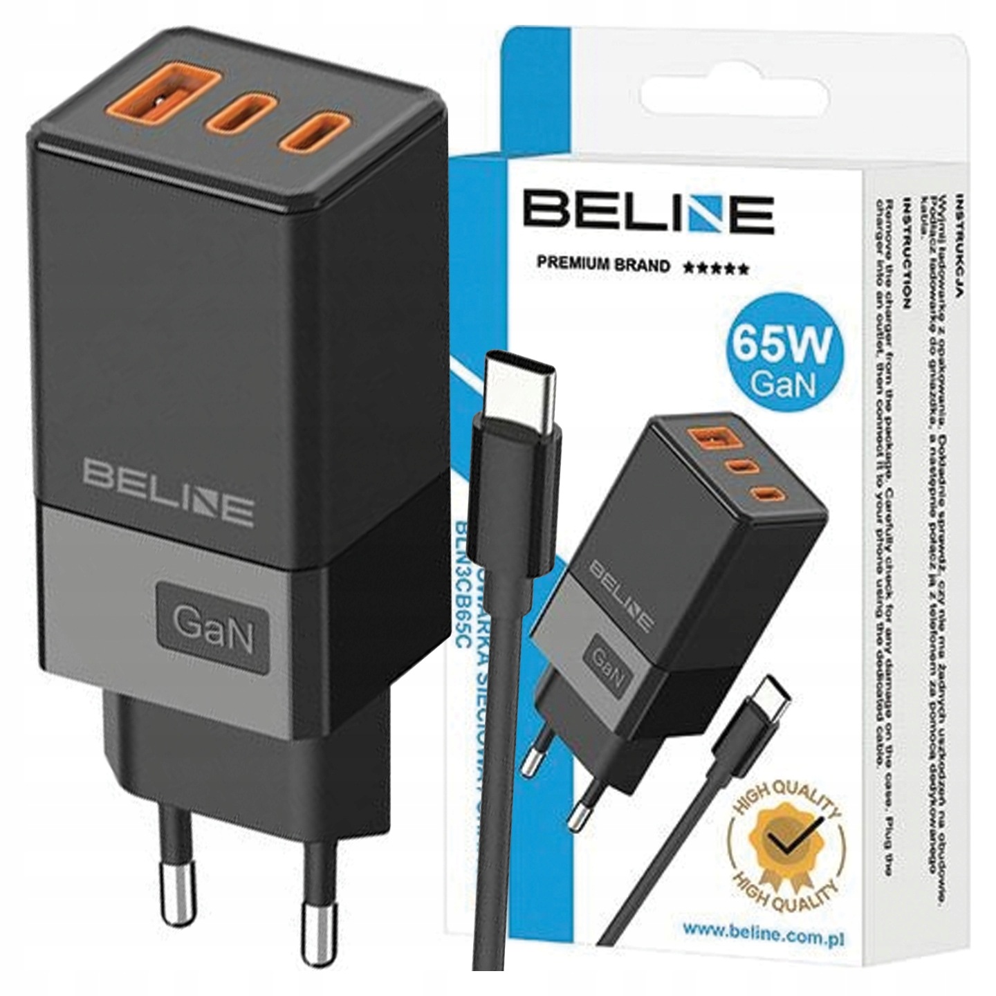 Beline Síťové nabíjení 2x Usb-c 1x Usb 65W kabel Usb-c černý/black Pd 3.0