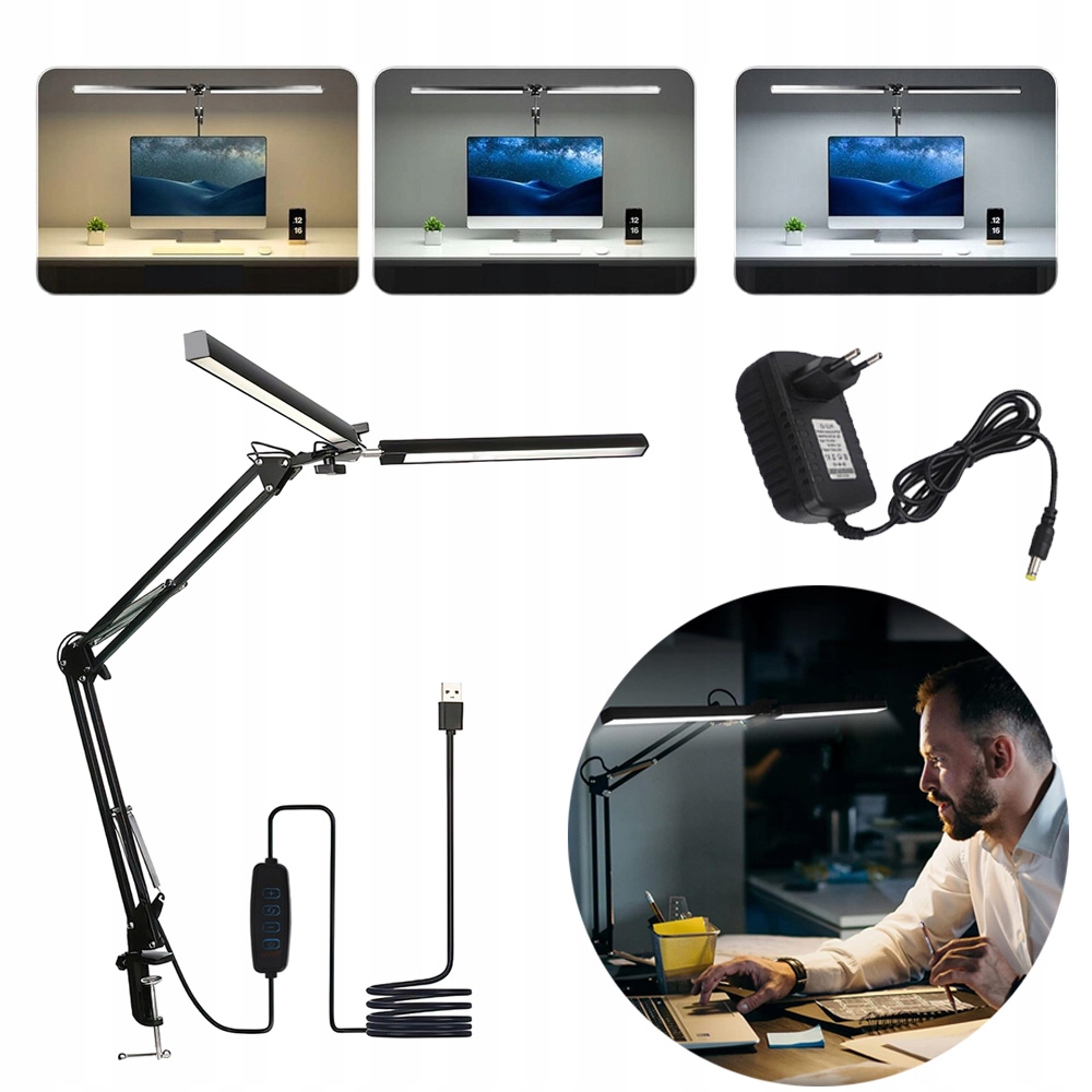 Led Stolní Lampa 24W S Dvojitým Ramenem A Husím Krkem, 3 Barvy Světla