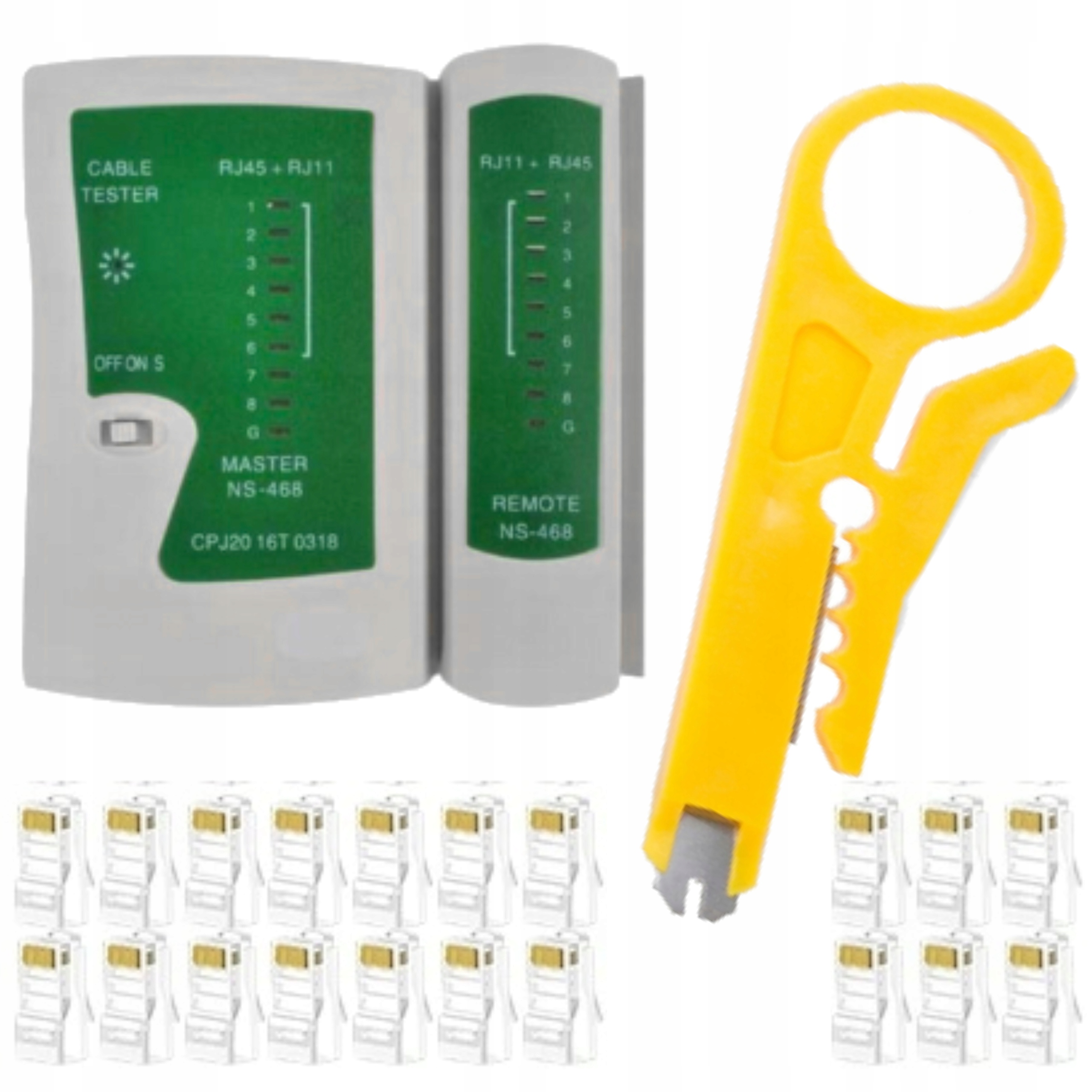 TĪKLA TESTERIS, KABEĻU TESTERIS, SPIEDĒŠANAS INSTRUMENTS, IZOLĀCIJAS NOŅEMŠANAS NOŅĒMĒJS + 100 RJ45 SPRAUDŅI