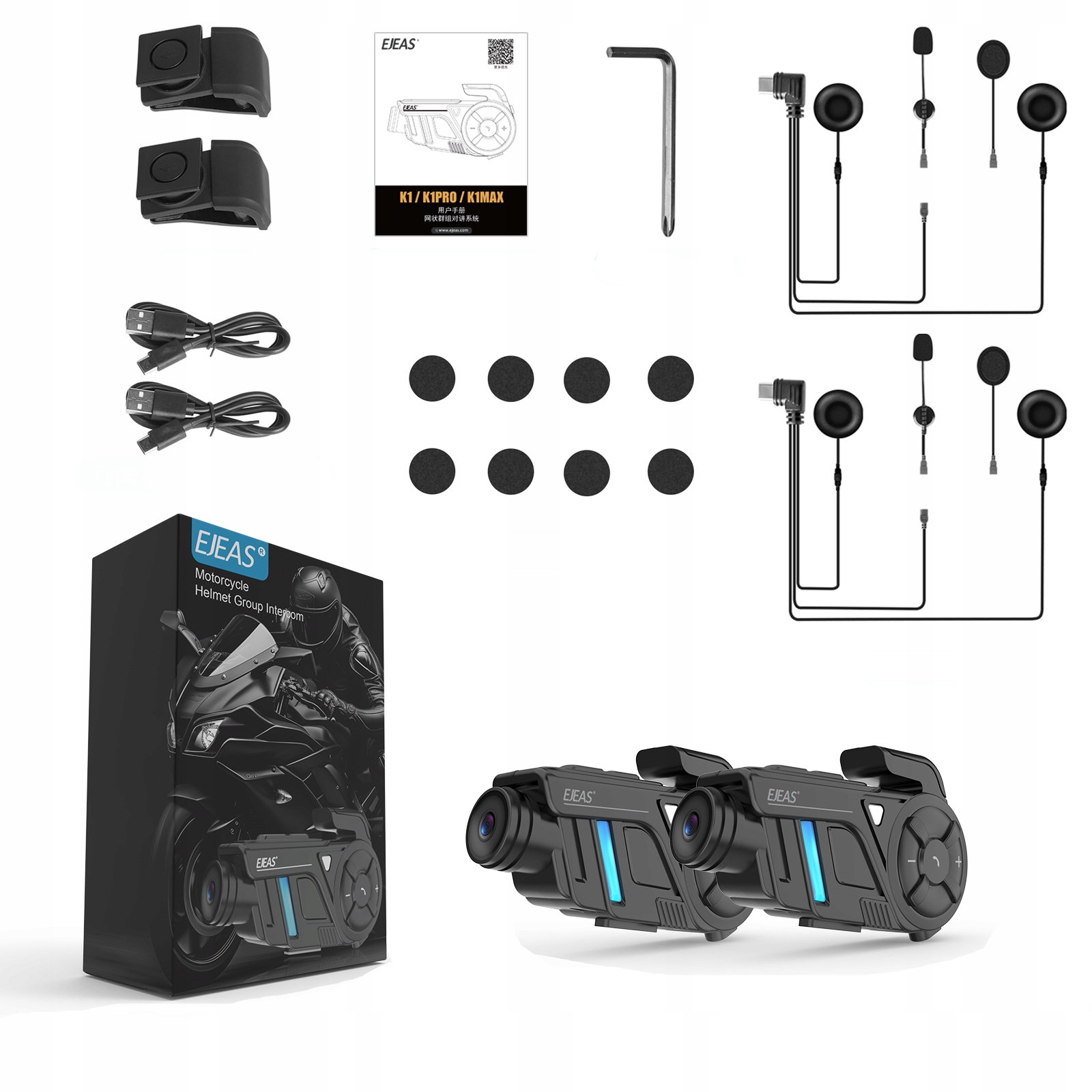 Sada 2X Ejeas Interkom S Motocyklovým Videorekordérom Do 1000 M, 2 Prilby