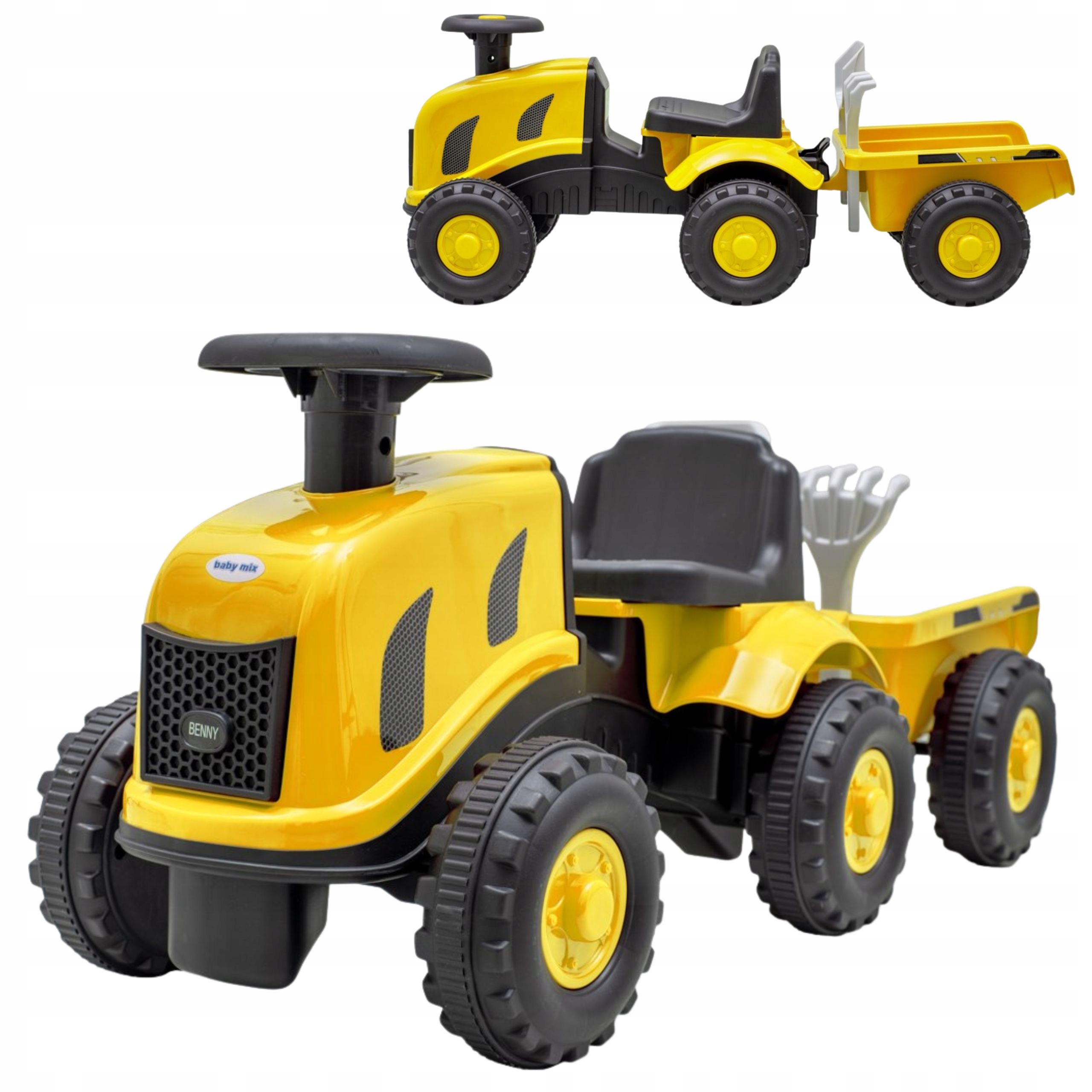 Traktor Jeździk Z Przyczepą Do 25 Kg Żółty Łopatka ,grabki, Jeździdełko