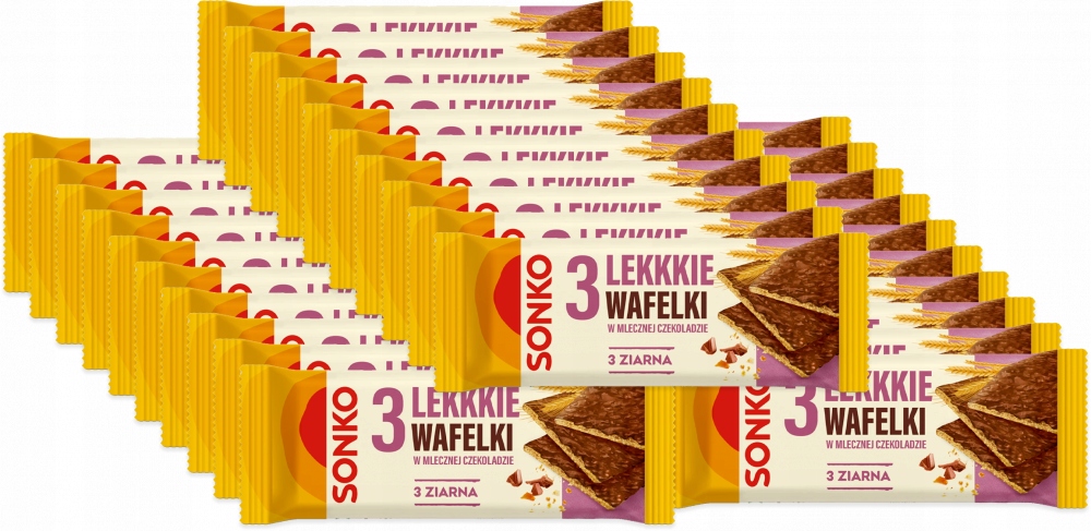 Lekkie wafelki 3 ziarna w mlecznej czekoladzie Sonko 36g x 33 szt