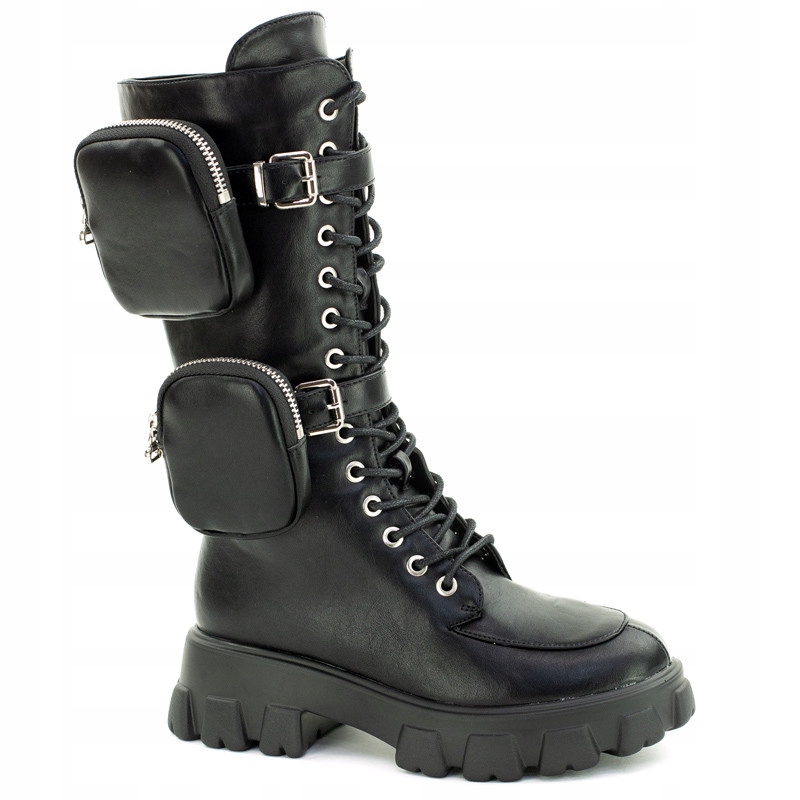 Černé vysoké dámské workery s kapsami a zateplenými trapery