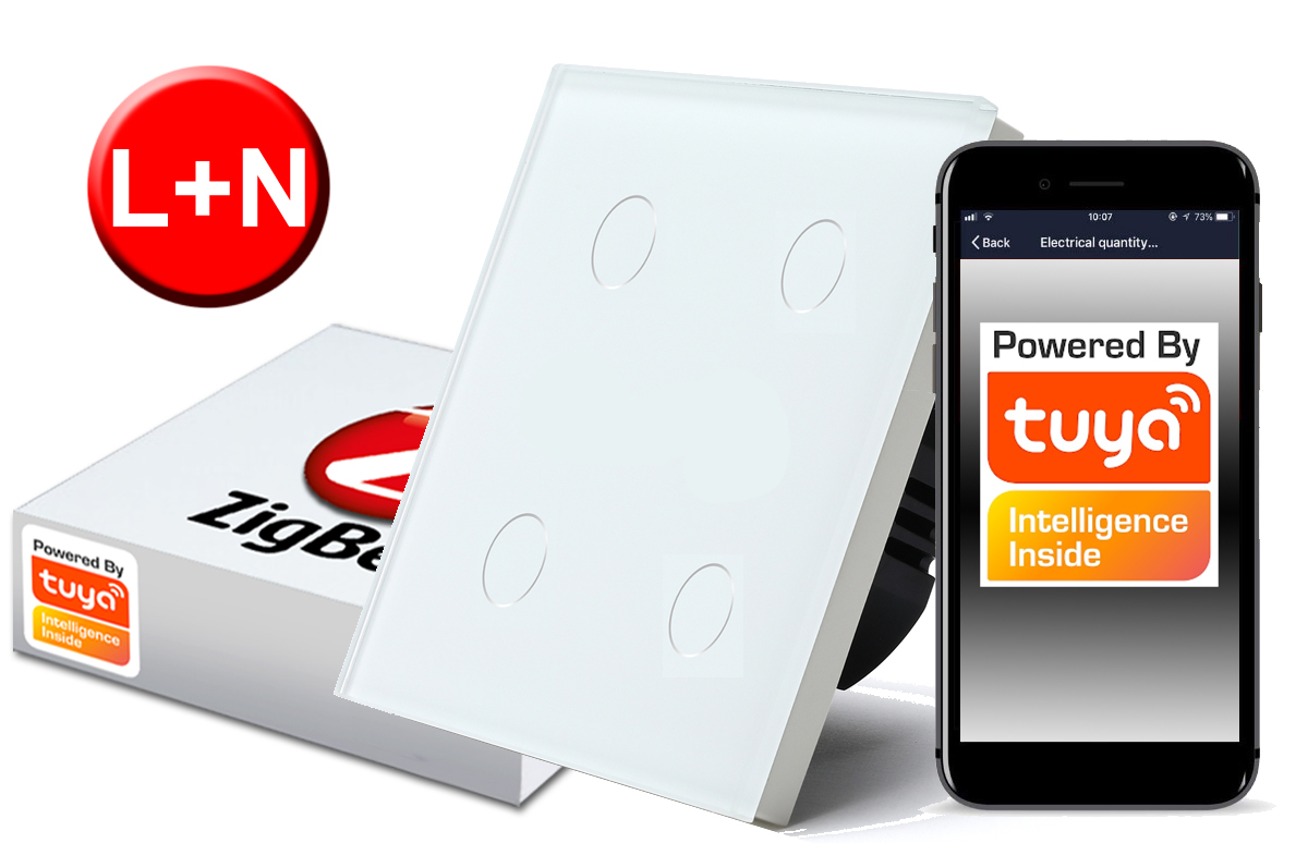 Dotykový spínač ZigBee Tuya 4obj. bílý L+n