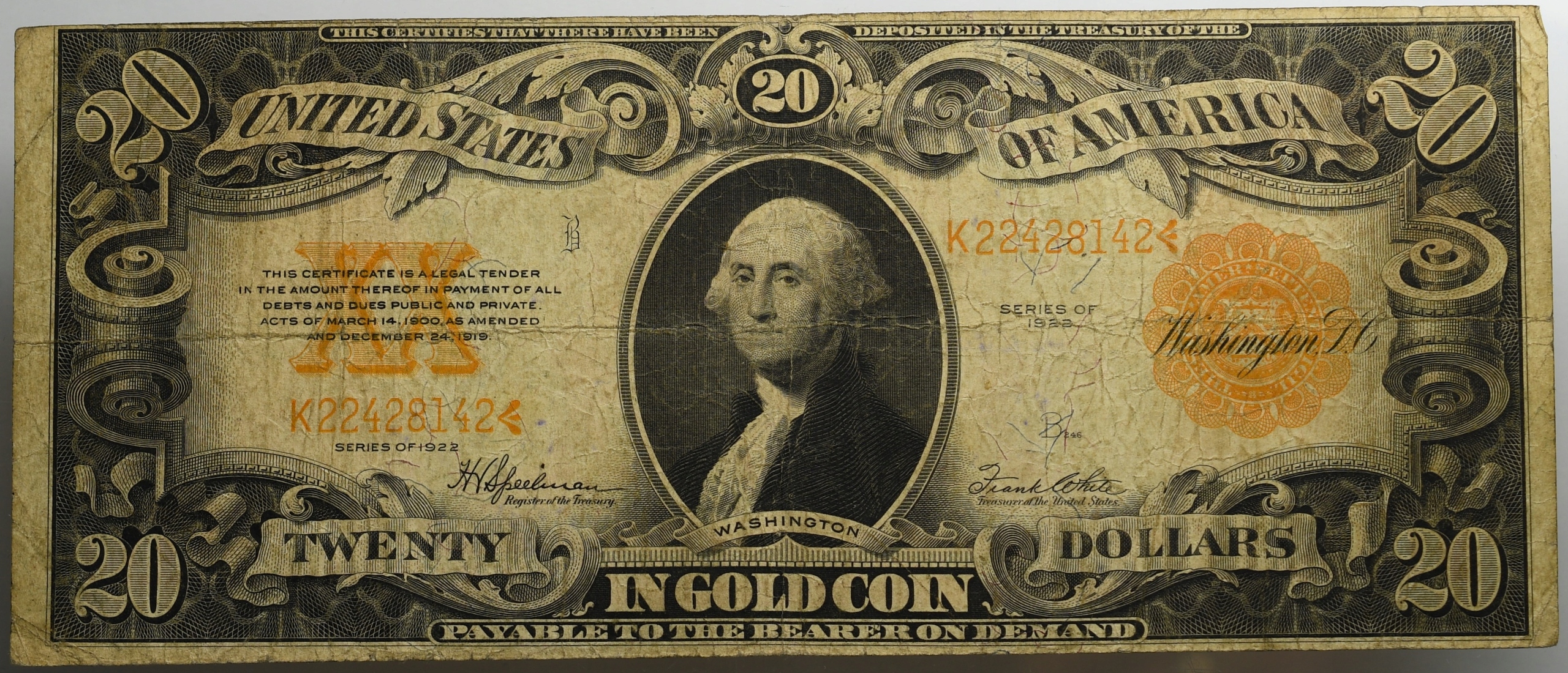 2. USA, 20 dolarów 1922, Gold Certificate