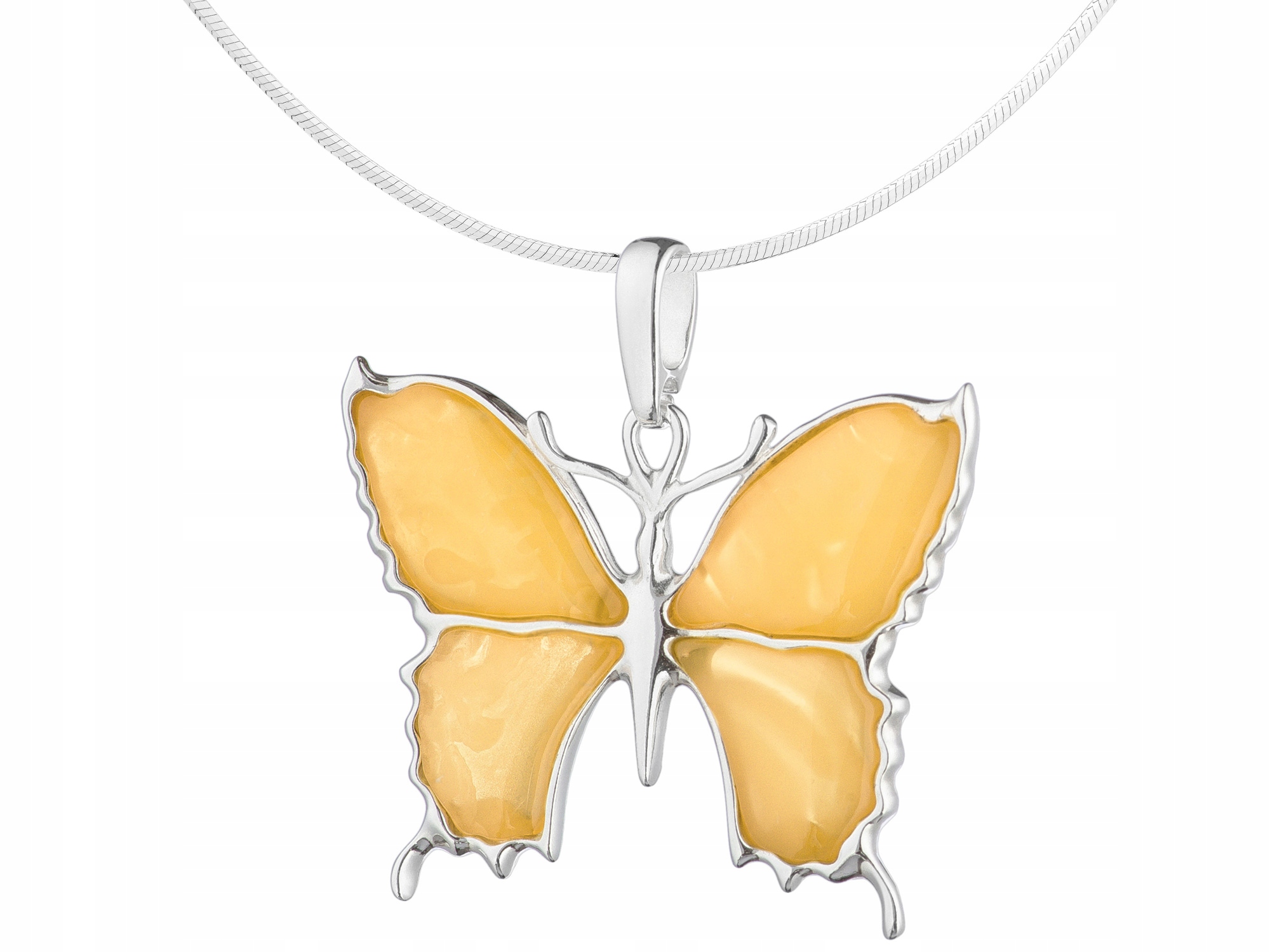 Velký stříbrný náhrdelník Motýl s mléčným jantarem Stříbro Krátký Choker 35