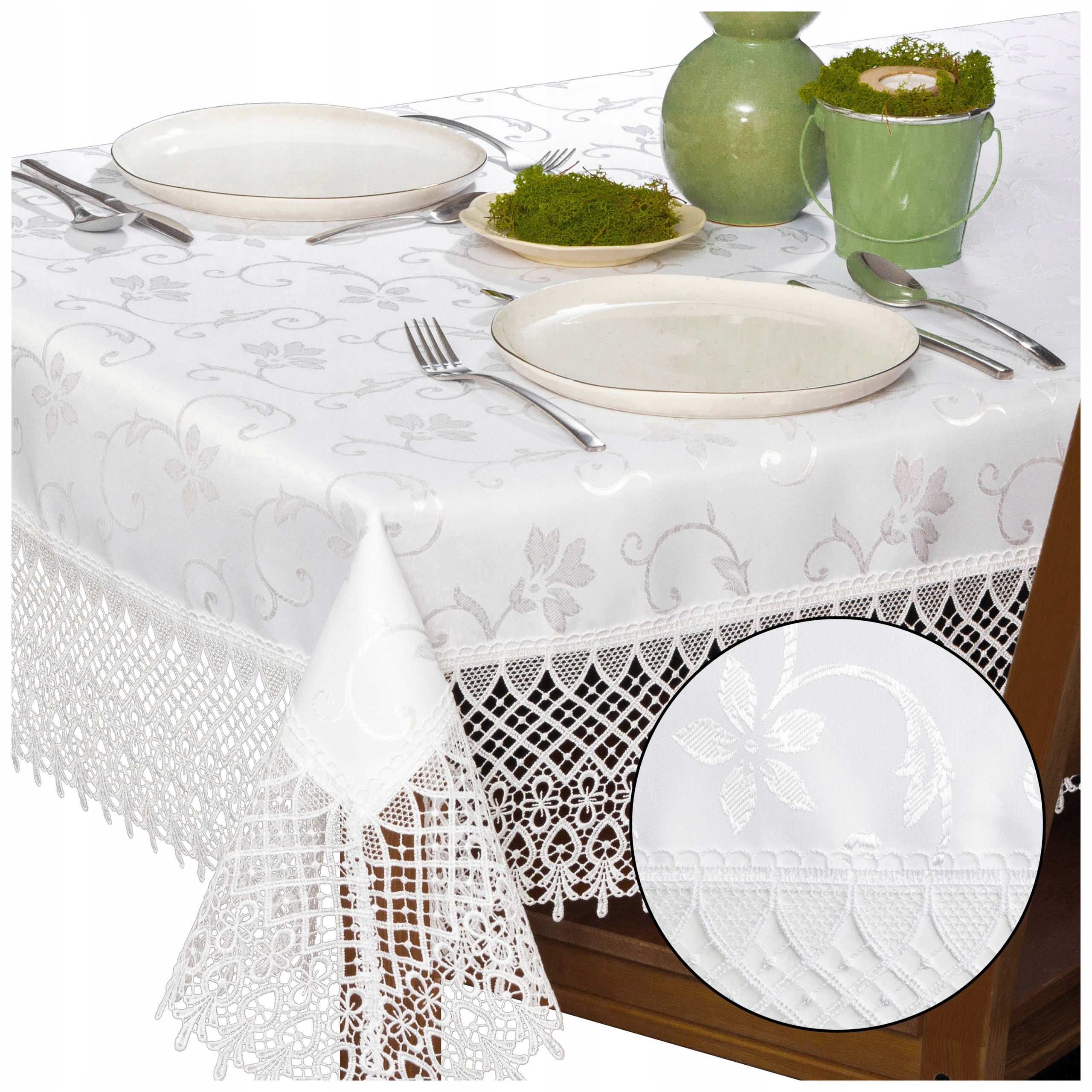 Obrus z Długą Gipiurą plamoodporny 140x220cm Biały