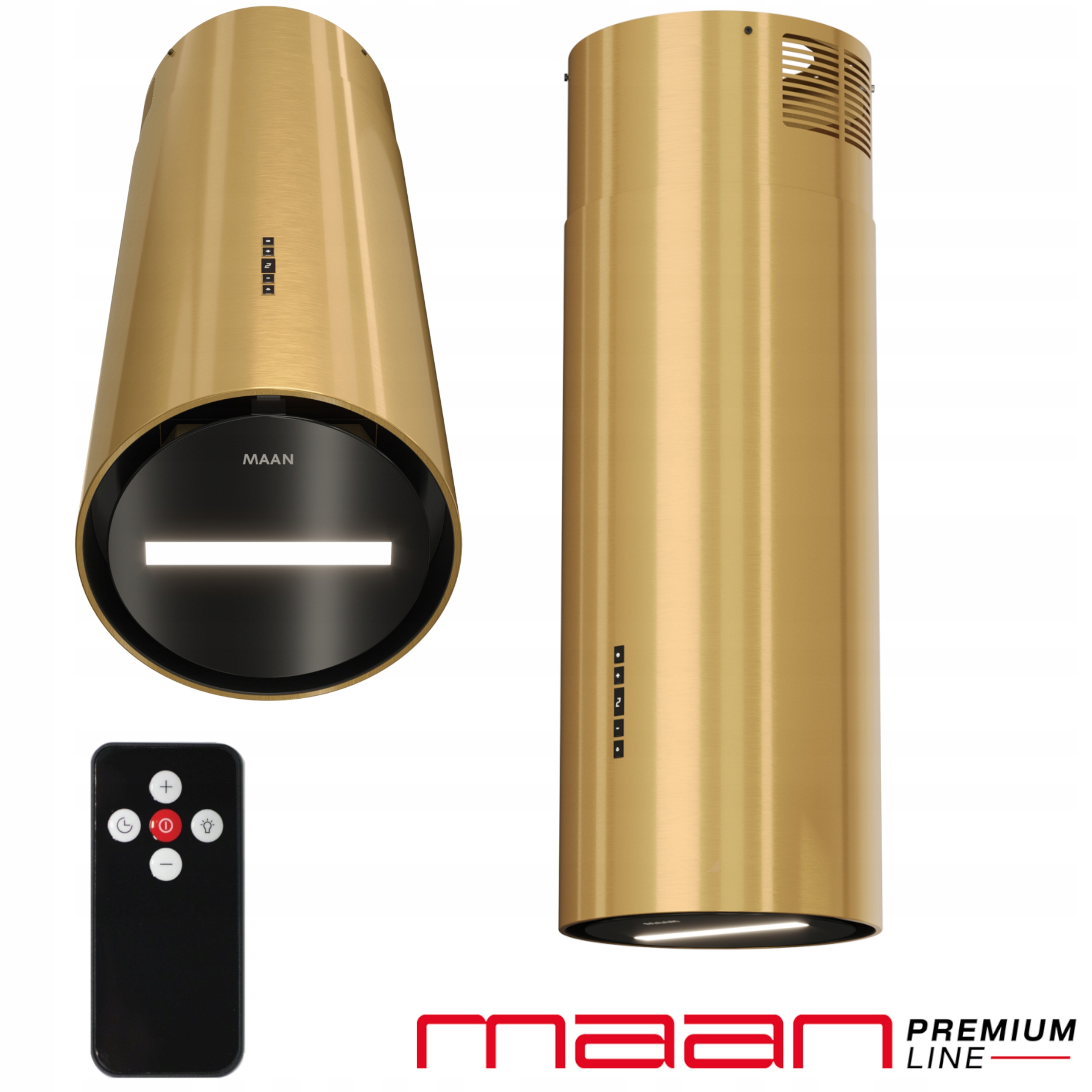 Okap kuchenny Wyspowy Kominowy 31 cm Tuba Maan Malwa Złoty Szkło Pasek Led