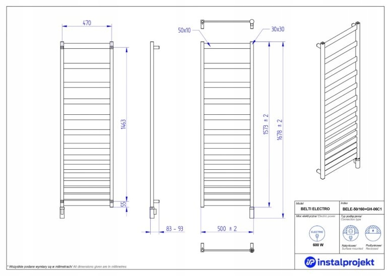 INSTAL PROJEKT BELTI grzejnik elektryczny 50x160cm Wysokość 1573 mm