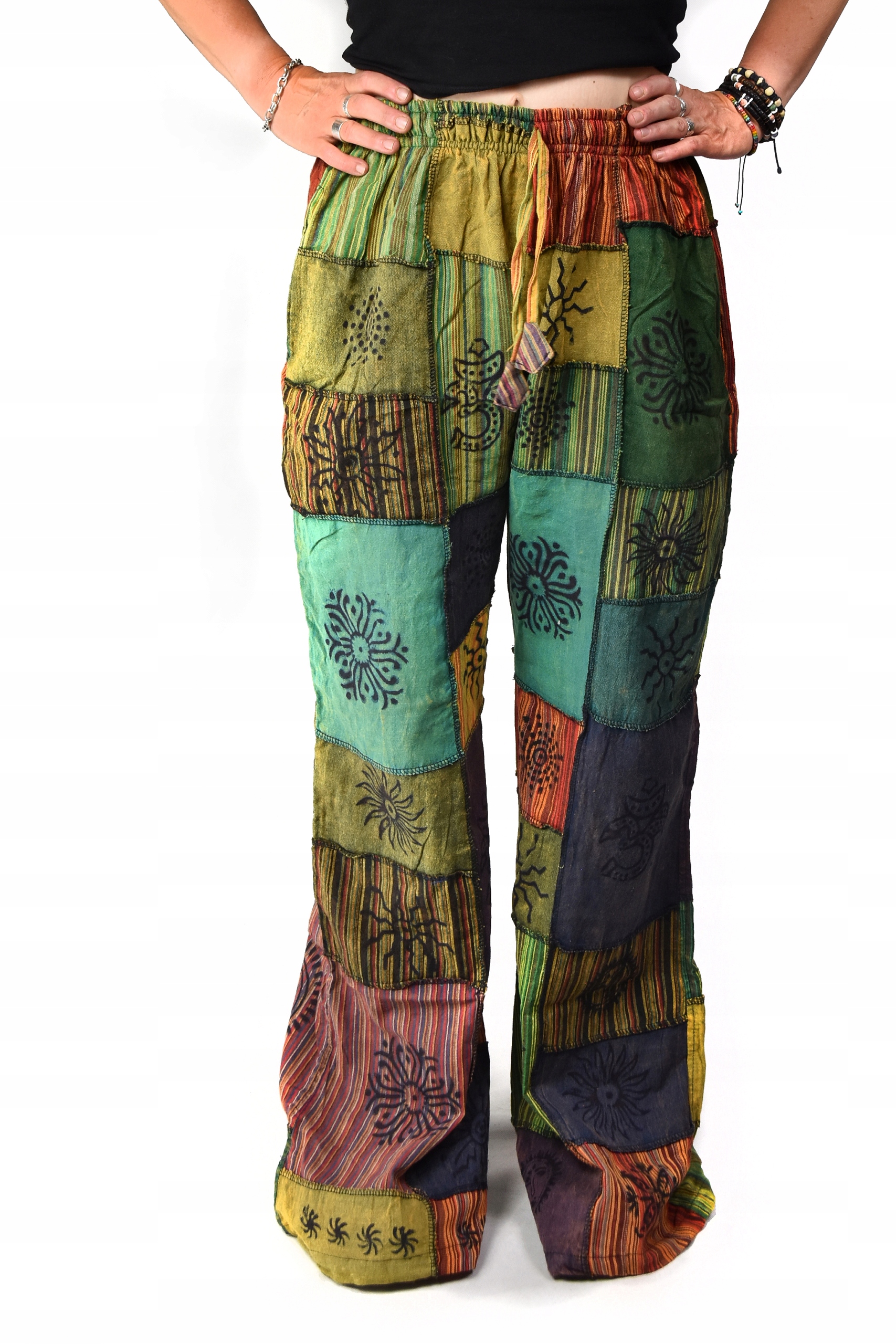 Bavlněné kalhoty barevné boho Zvony z Nepálu patchwork