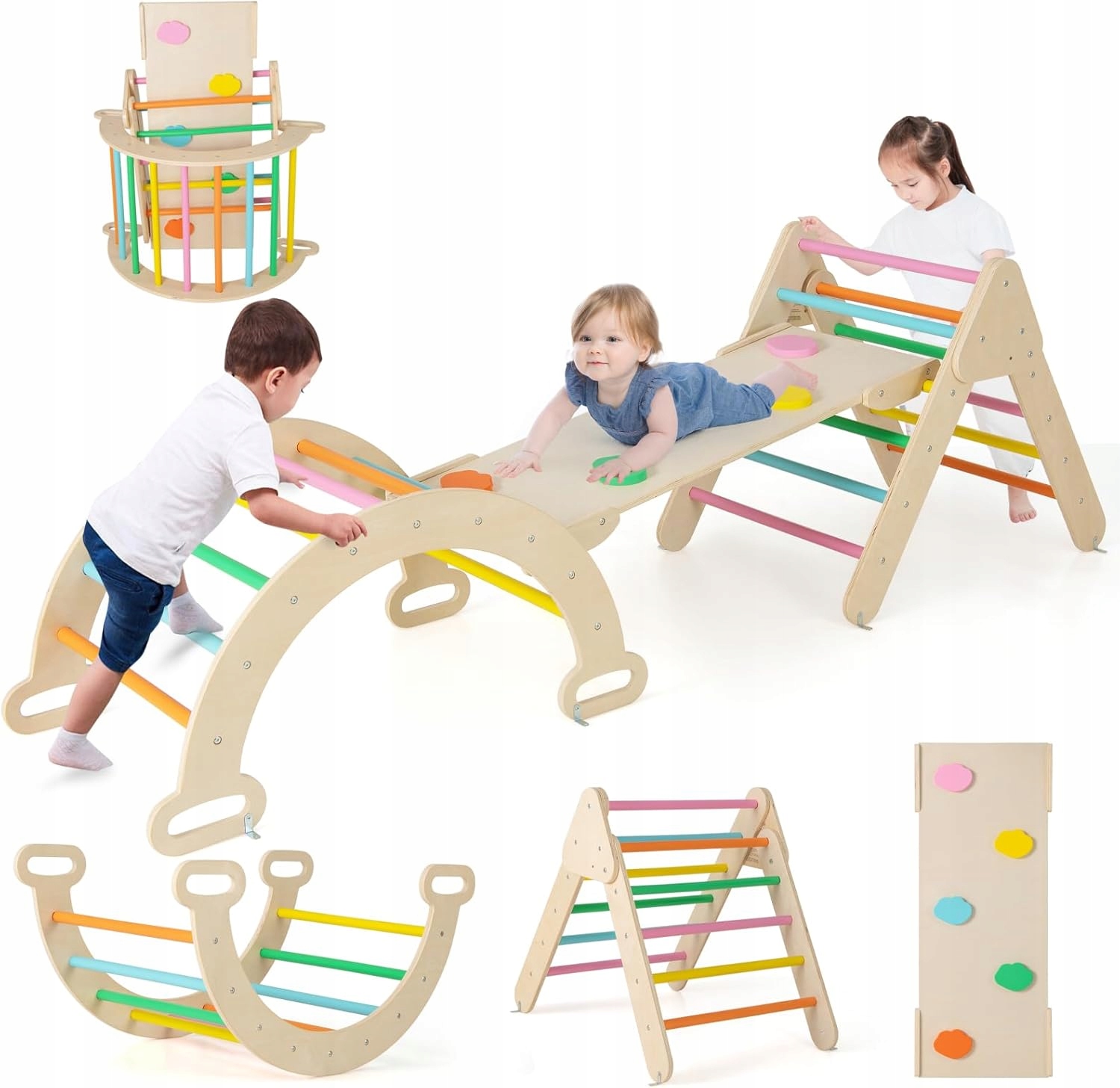 Dřevěný Lezecký Trojúhelník Montessori Skluzavka Houpačka 4V1