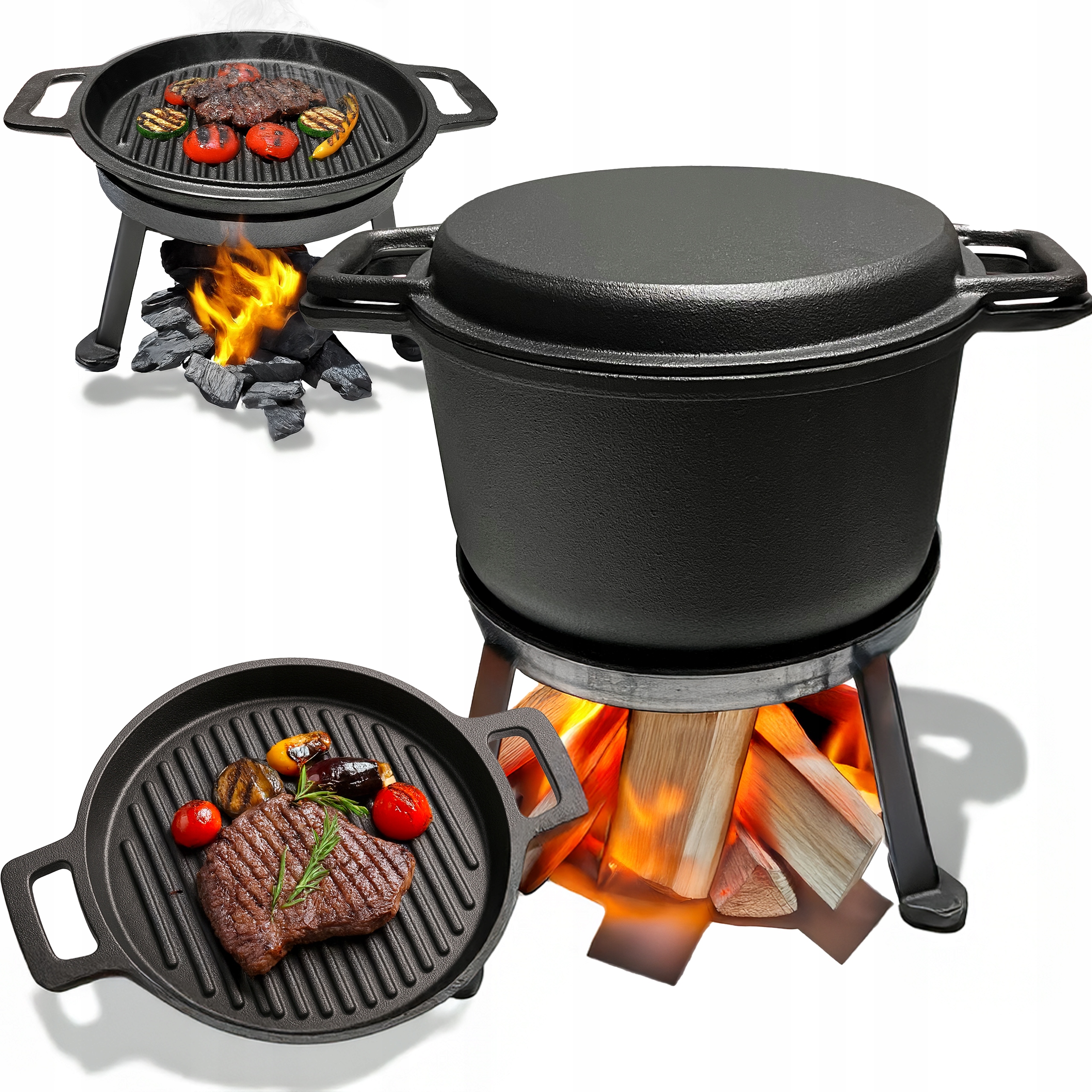 Żeliwny Kociołek Myśliwski Garnek Patelnia 4L 3w1 Ognisko Grill