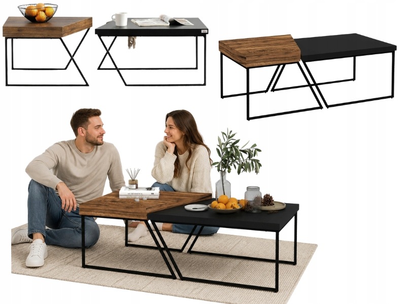 Kávové Stolky 2V1 Sada 2 Kusů Loft Industriální Ocel Moderní Dřevo