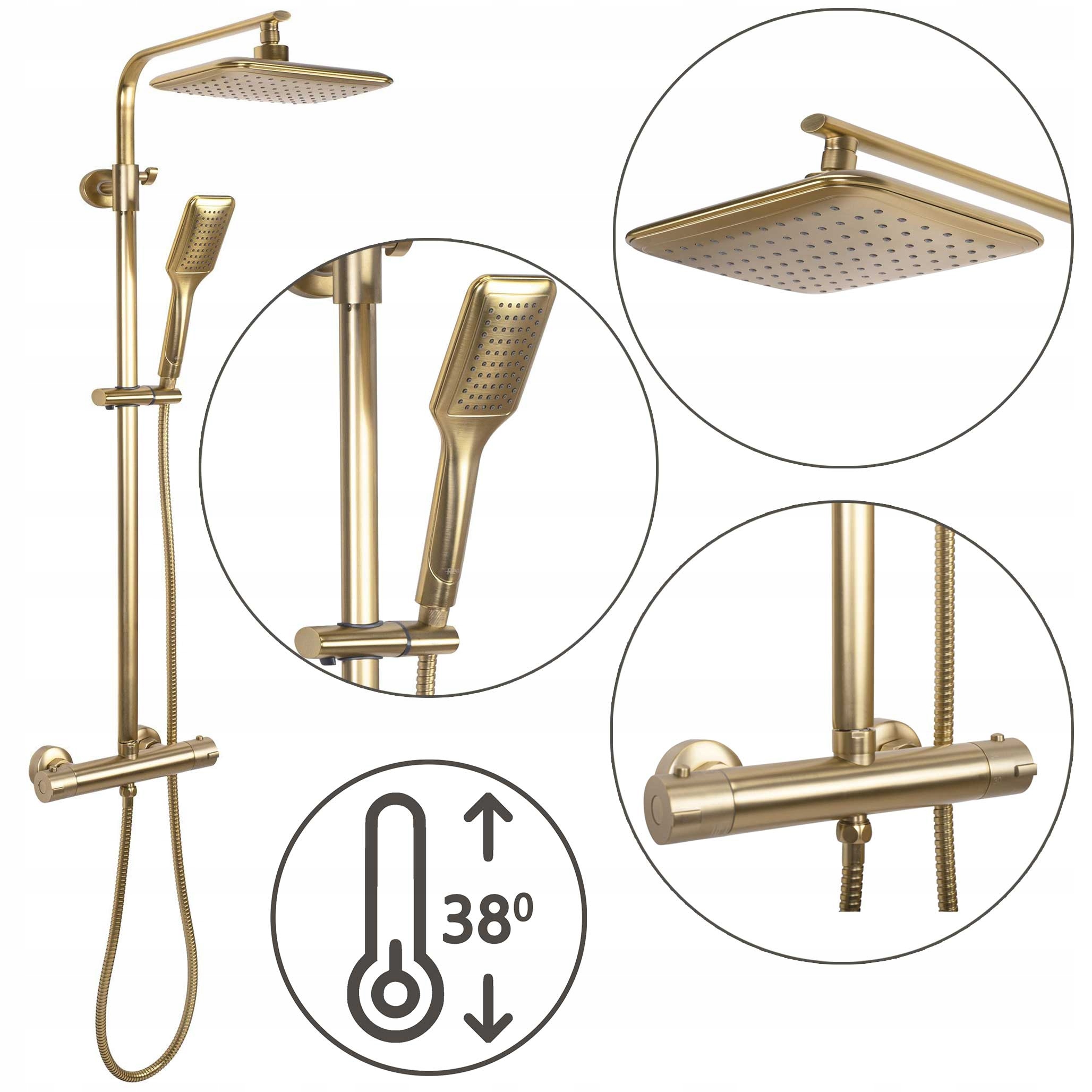 Nástenná sprchová súprava Tom s termostatom Zlatá brúsená dažďová sprcha