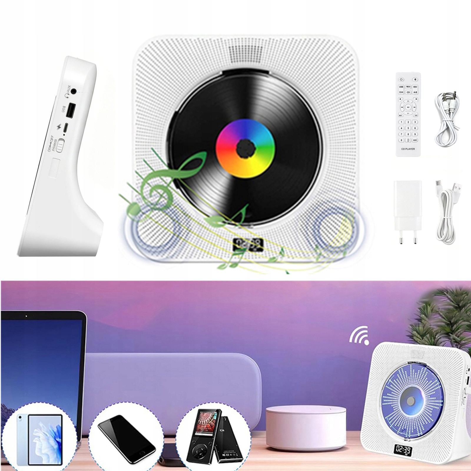 Přenosný CD Přehrávač Reproduktor Bluetooth 5.0 MP3 Usb/aux Bílý S Dálkovým Ovládáním