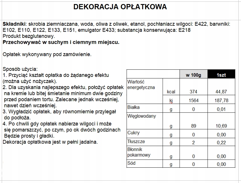 OPŁATEK NA TORT Pasek KOMUNIA ŚWIĘTA Bok 42 Rodzaj ozdoby waflowe