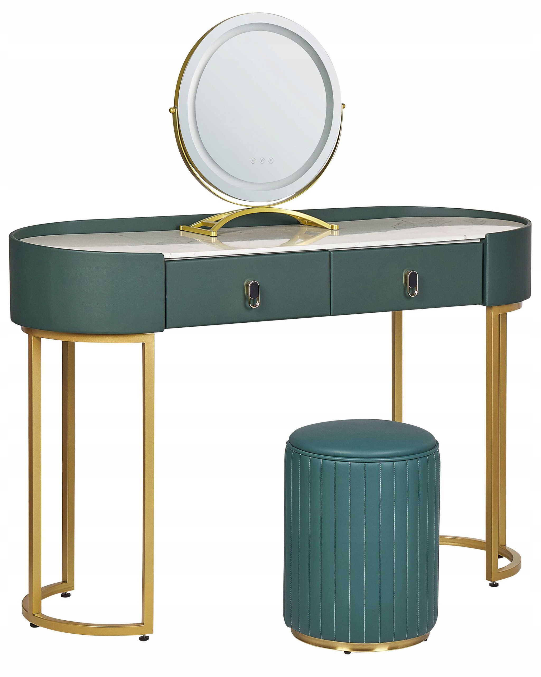 Toaletka zielono-złota 2 szuflady i lustro Led