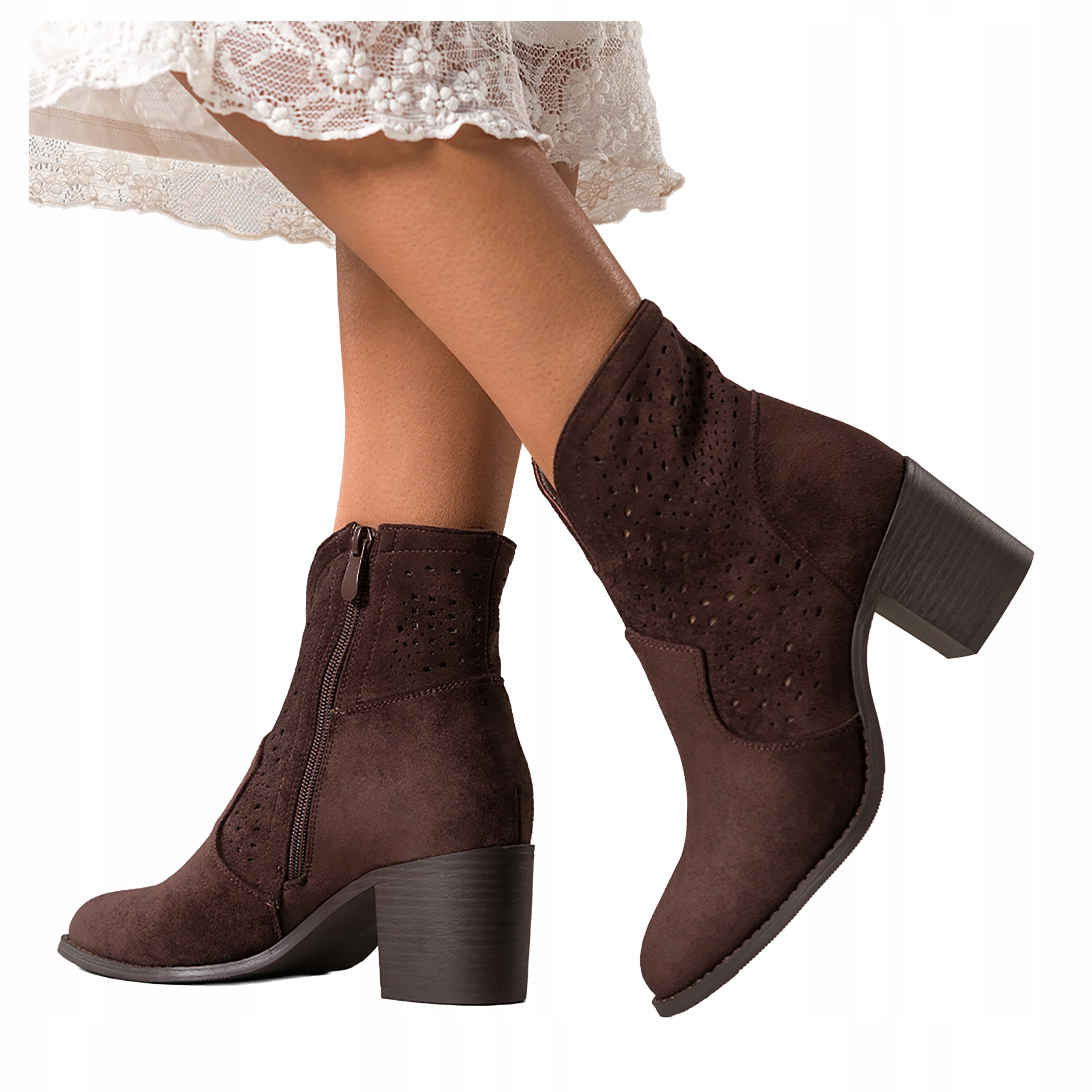 Čokoládové dámské kotníkové boty Pohodlné Na Sloupku Vystřižený Svršek Prolamovaný vel. 37