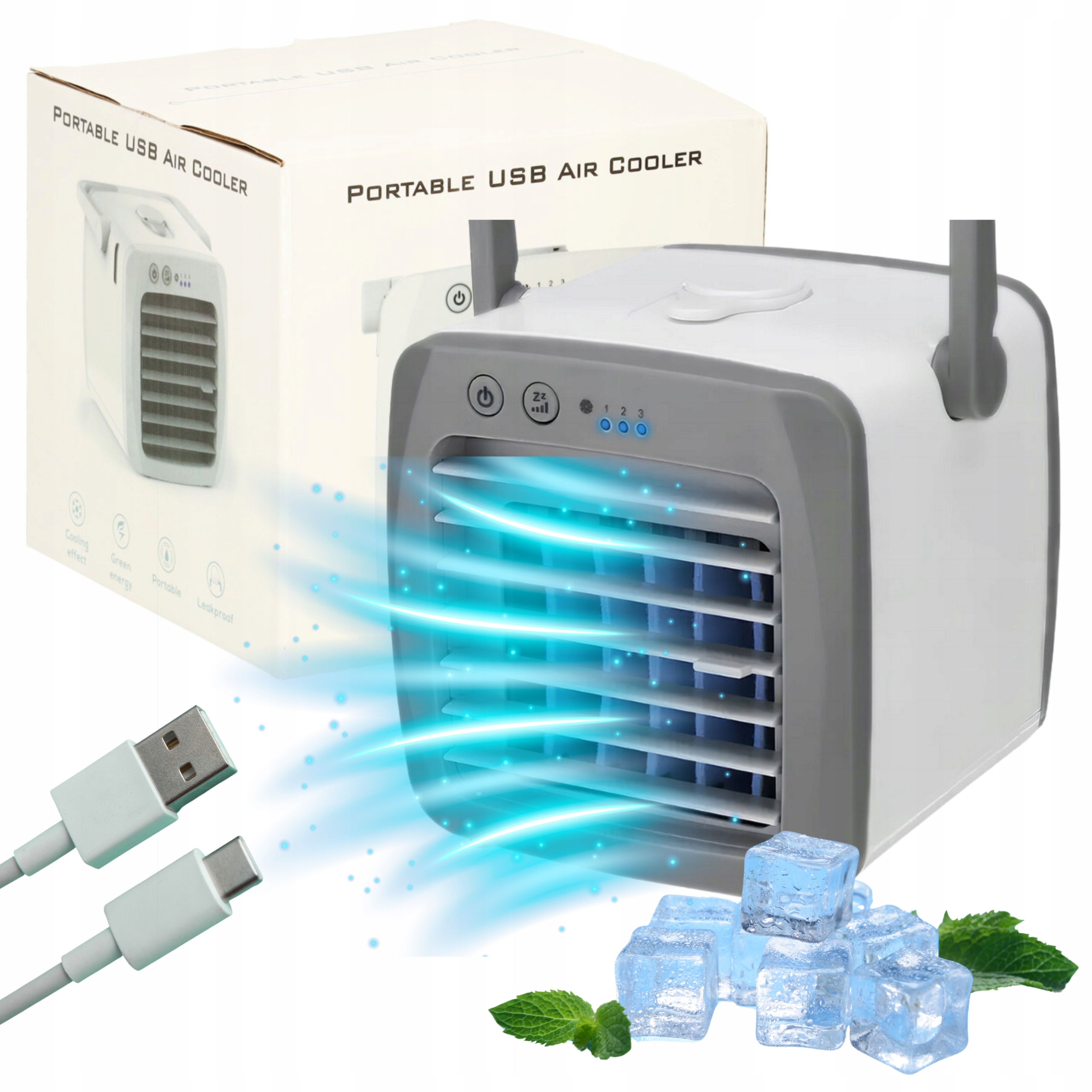 MINI KLIMATYZATOR WENTYLATOR PRZENOŚNY NAWIŻACZ NA WODĘ BIURKOWY USB 3w1