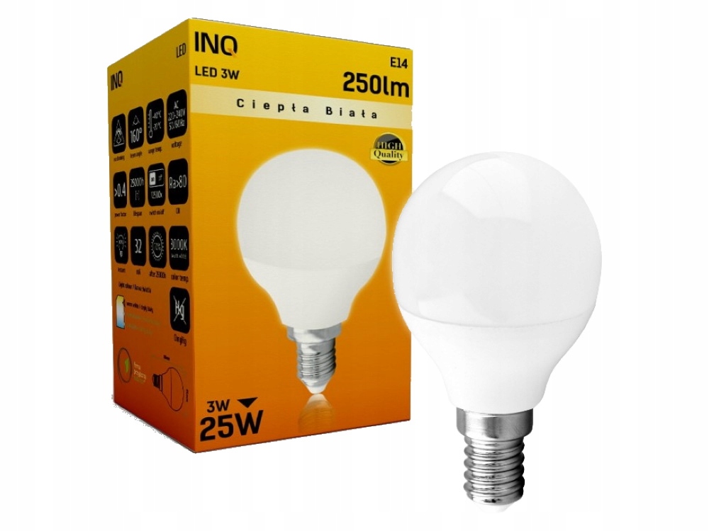 

Inq E14 3W 250lm P45 Mała Kulka 3000K Żarówka Led