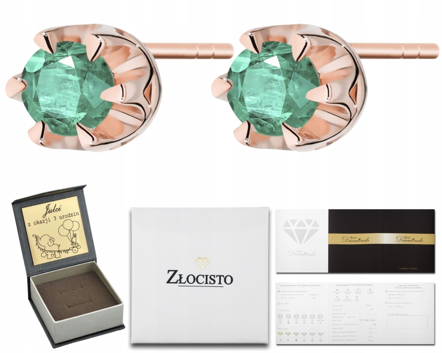 Růžové Zlato Náušnice S Diamanty A Smaragdy Tyčinka Zlato 585 Dárek