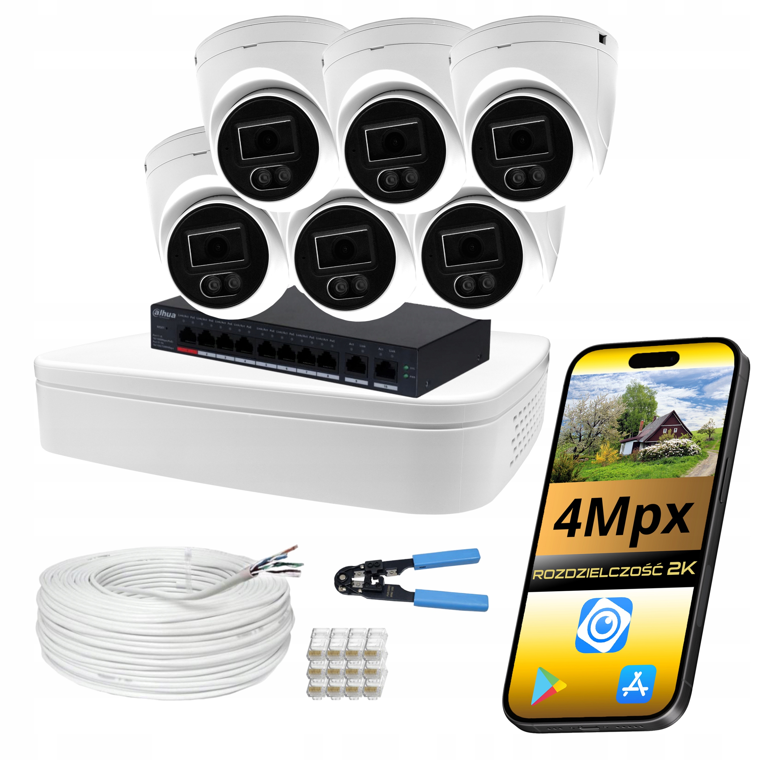 Monitoring Dahua Set 6x Kamera Kopule Ip PoE 4MPX Ir Led Barva V Noci