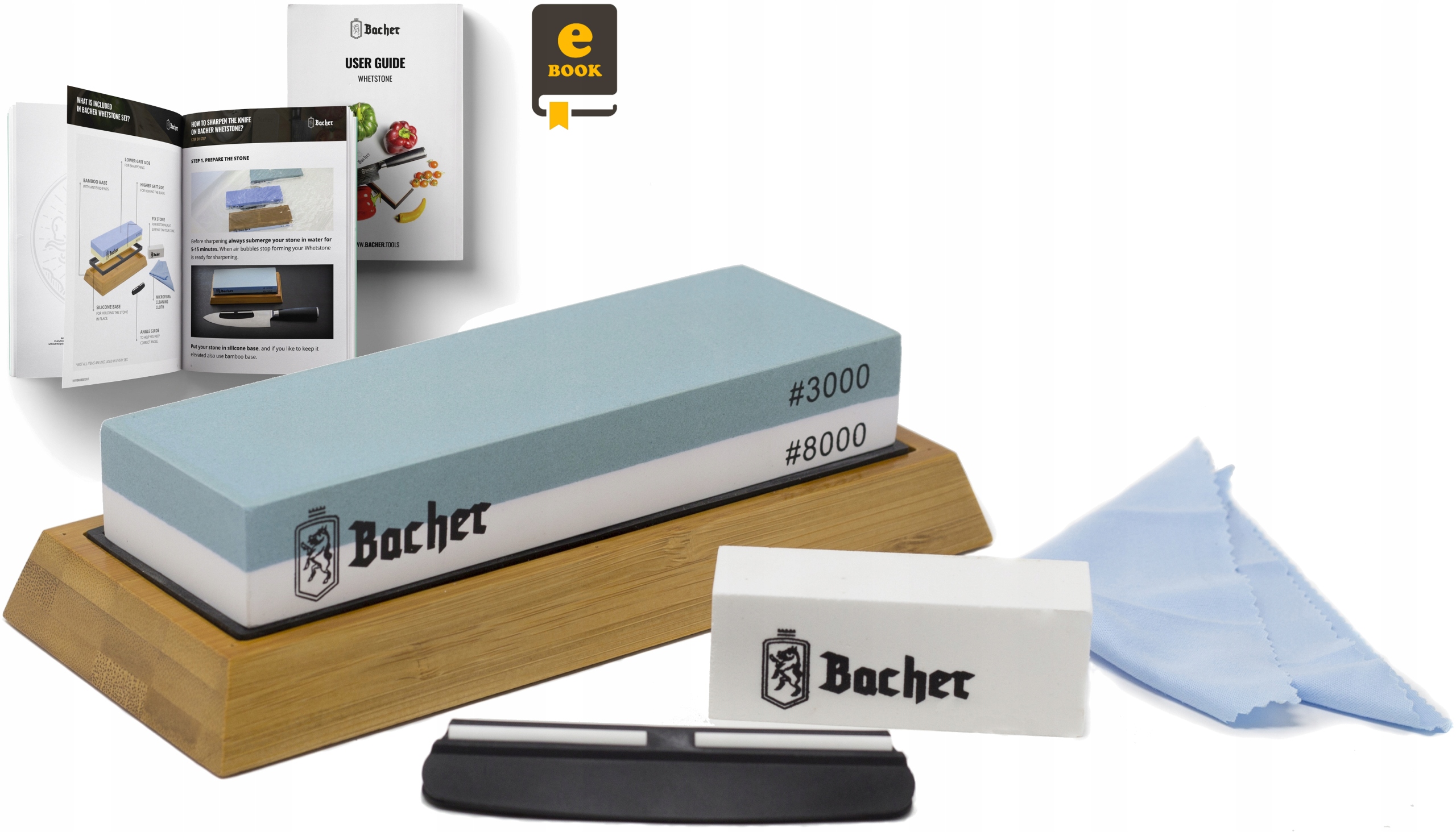 Kamień wodny do ostrzenia noży Bacher 3000/8000 ostrzałka prowadnica e-book