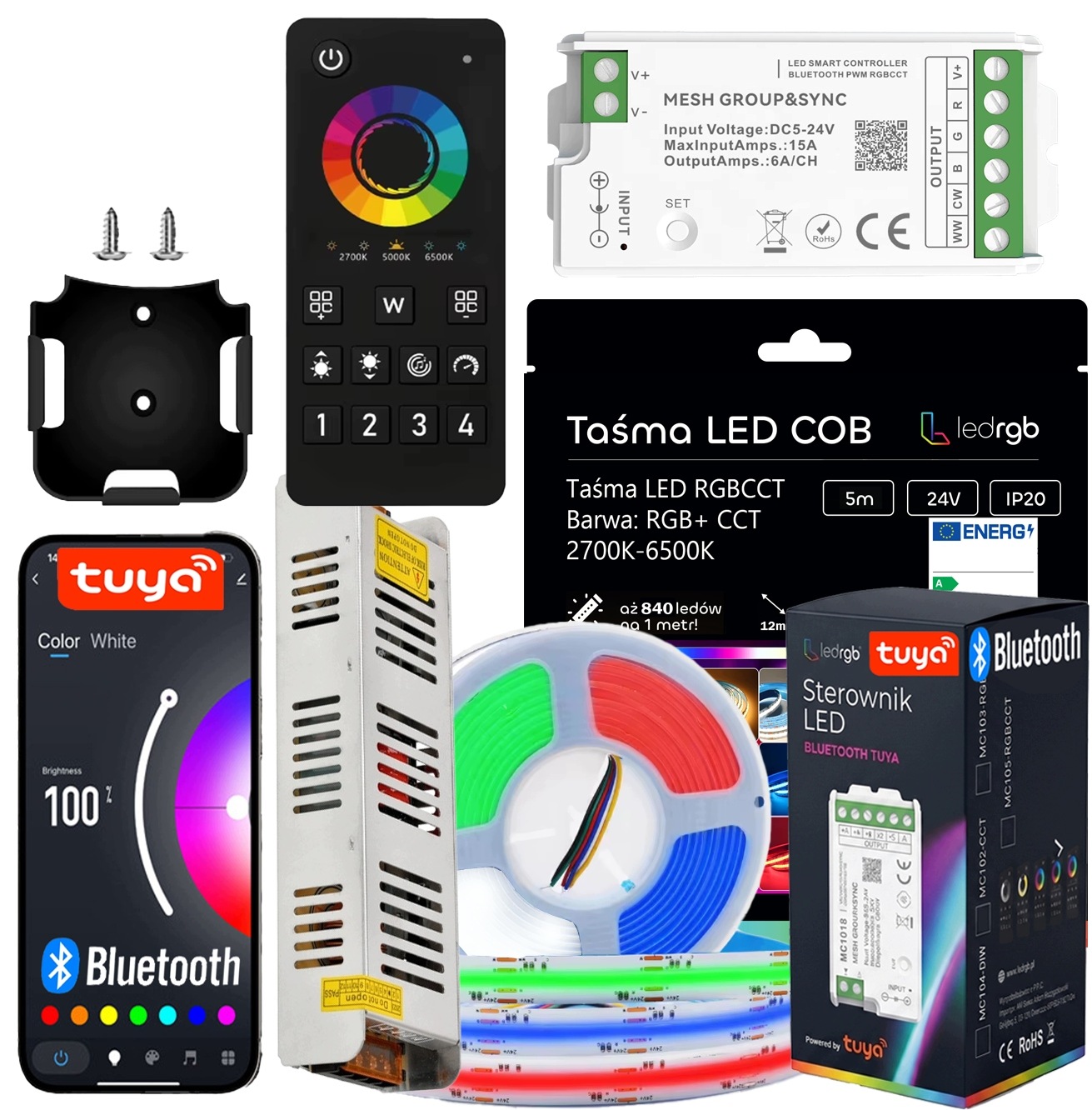 Set Led Pásek Cob 5M Rgb Cct Bílý Wifi Dálkový Ovladač Napájecí Zdroj Aplikace Tuya