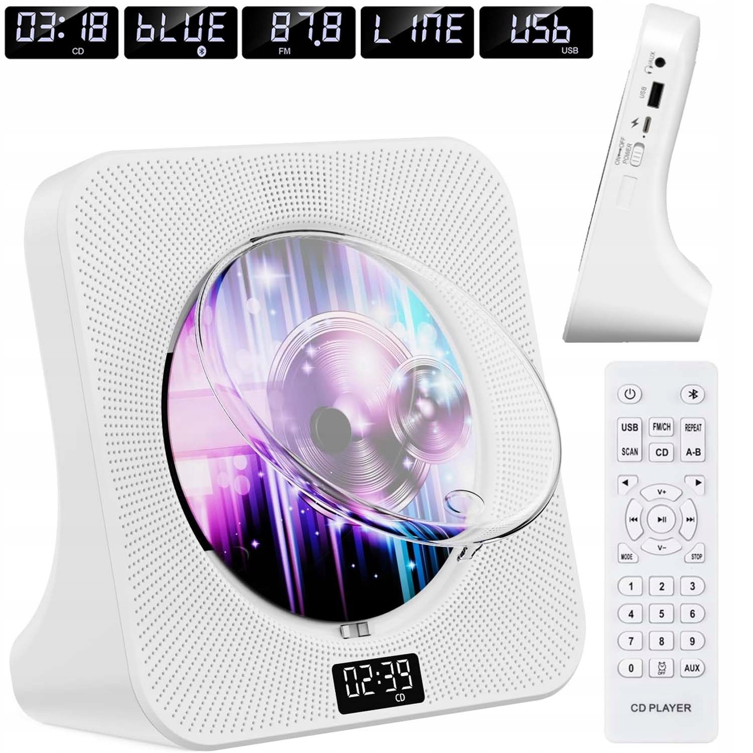 Přenosný CD Přehrávač Bluetooth Reproduktor Dárek Rádio Aux Fm Hifi Usb LCD