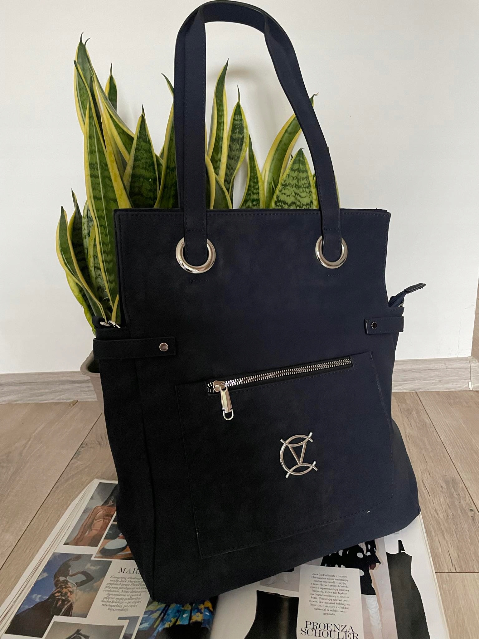 MODNA TOREBKA DAMSKA WOREK SHOPPER A4 nubuk GRANATOWA Styl miejski