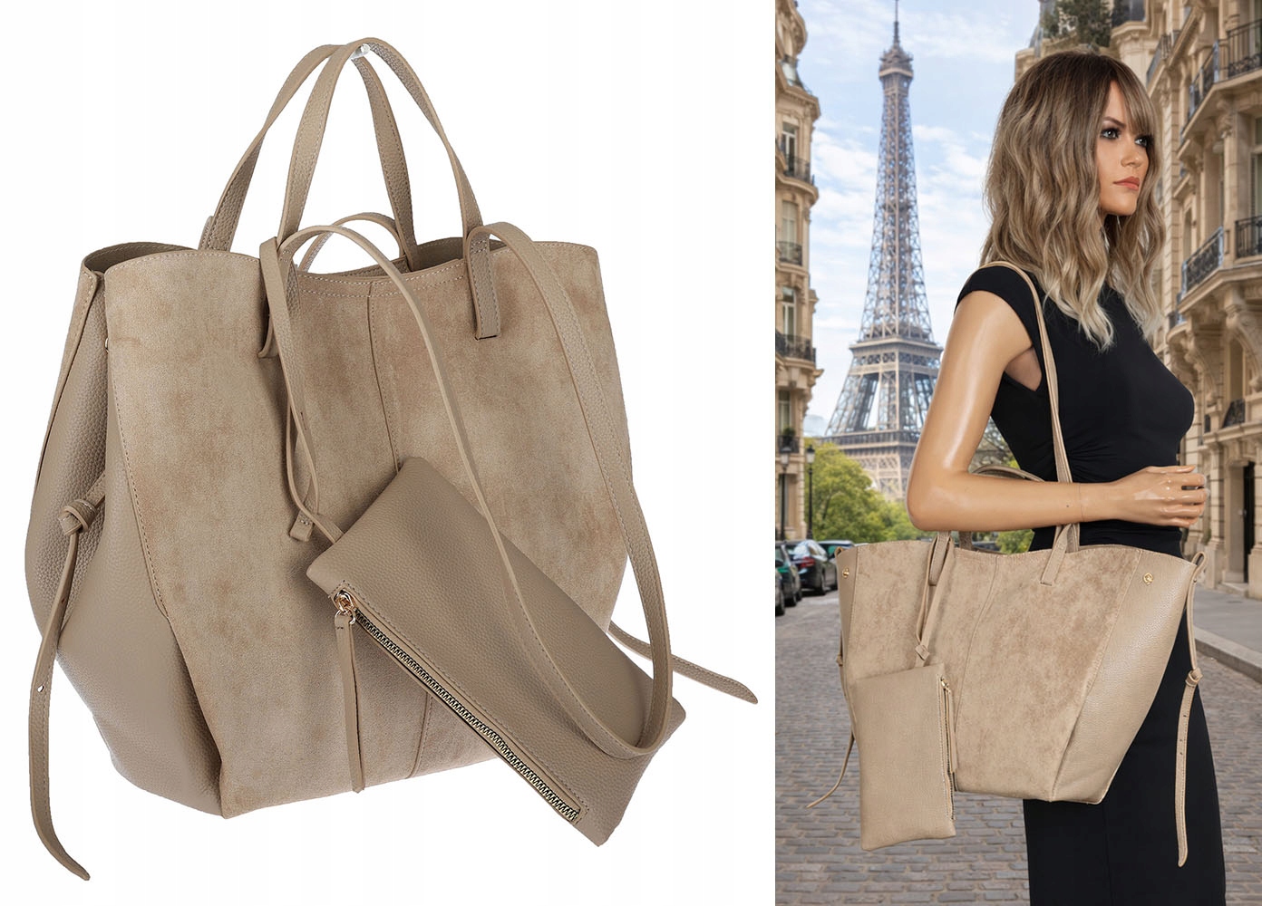 Torebka Damska Shopperka łódka Pojemna Duża zamszowa na ramię R963B Beżowa