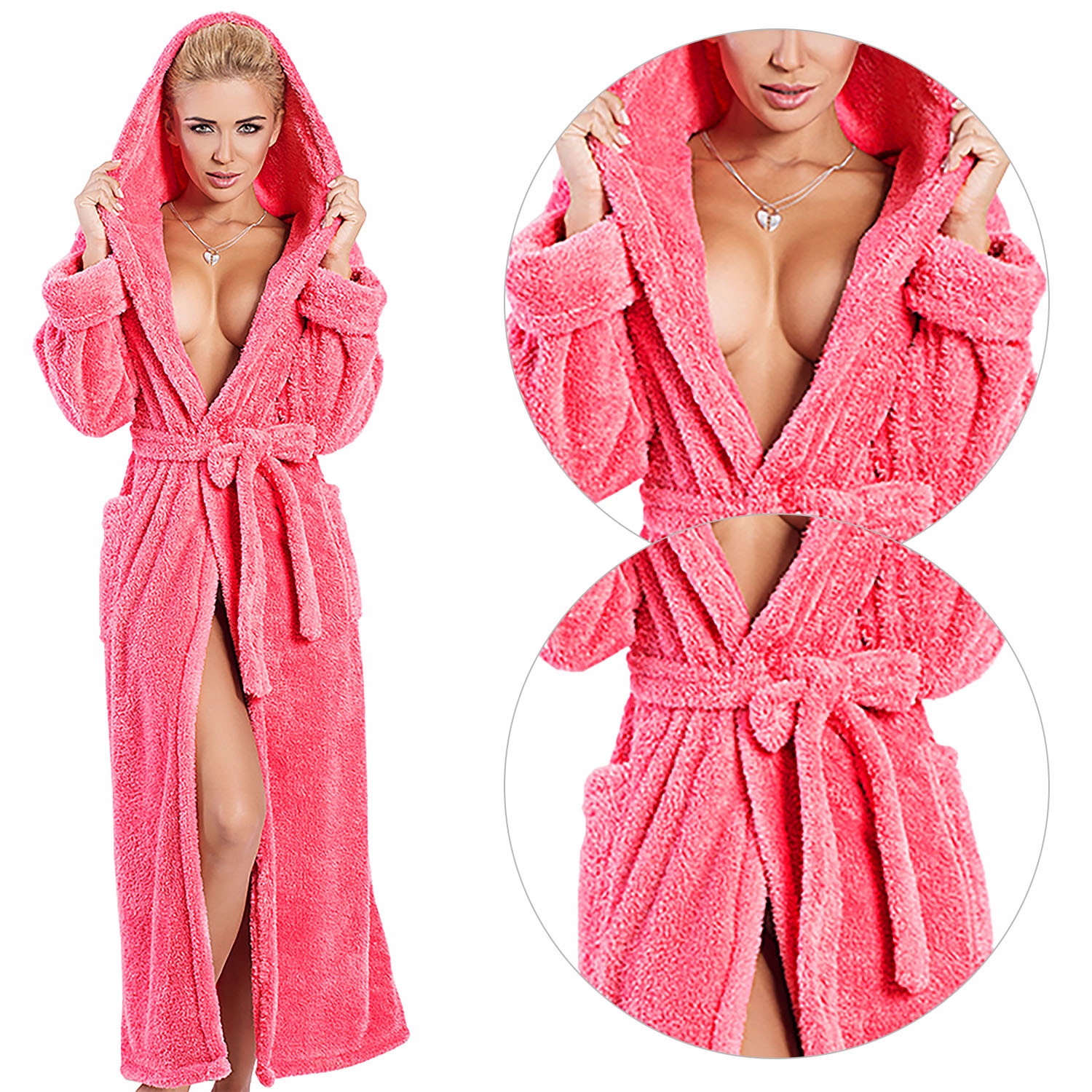 Dkaren Diana dlouhý teplý růžový župan s vázáním korálové barvy XL Noční Župan